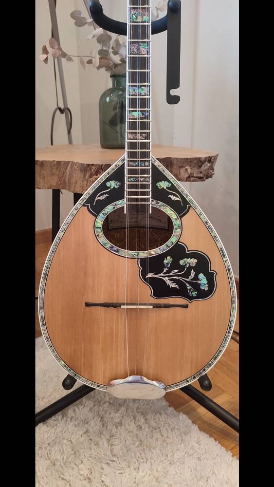 Custom 6-String Handmade Greek Bouzouki with Traditional Rebetiko Design and Abalone Shell Flower Top Decorations