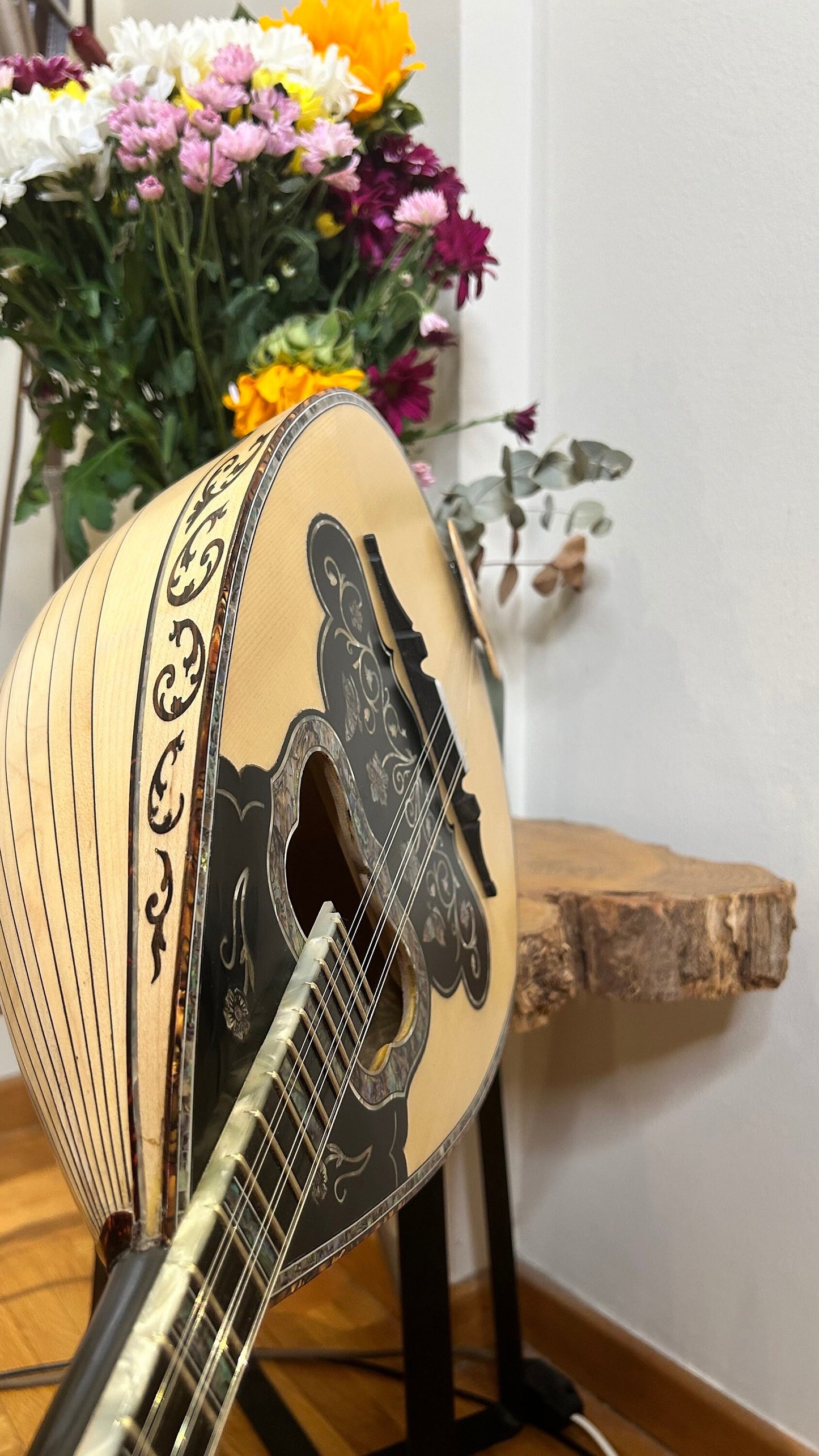 Custom 6-String Handmade Greek Bouzouki with Traditional Rebetiko Design and Abalone Shell Flower Top Decorations