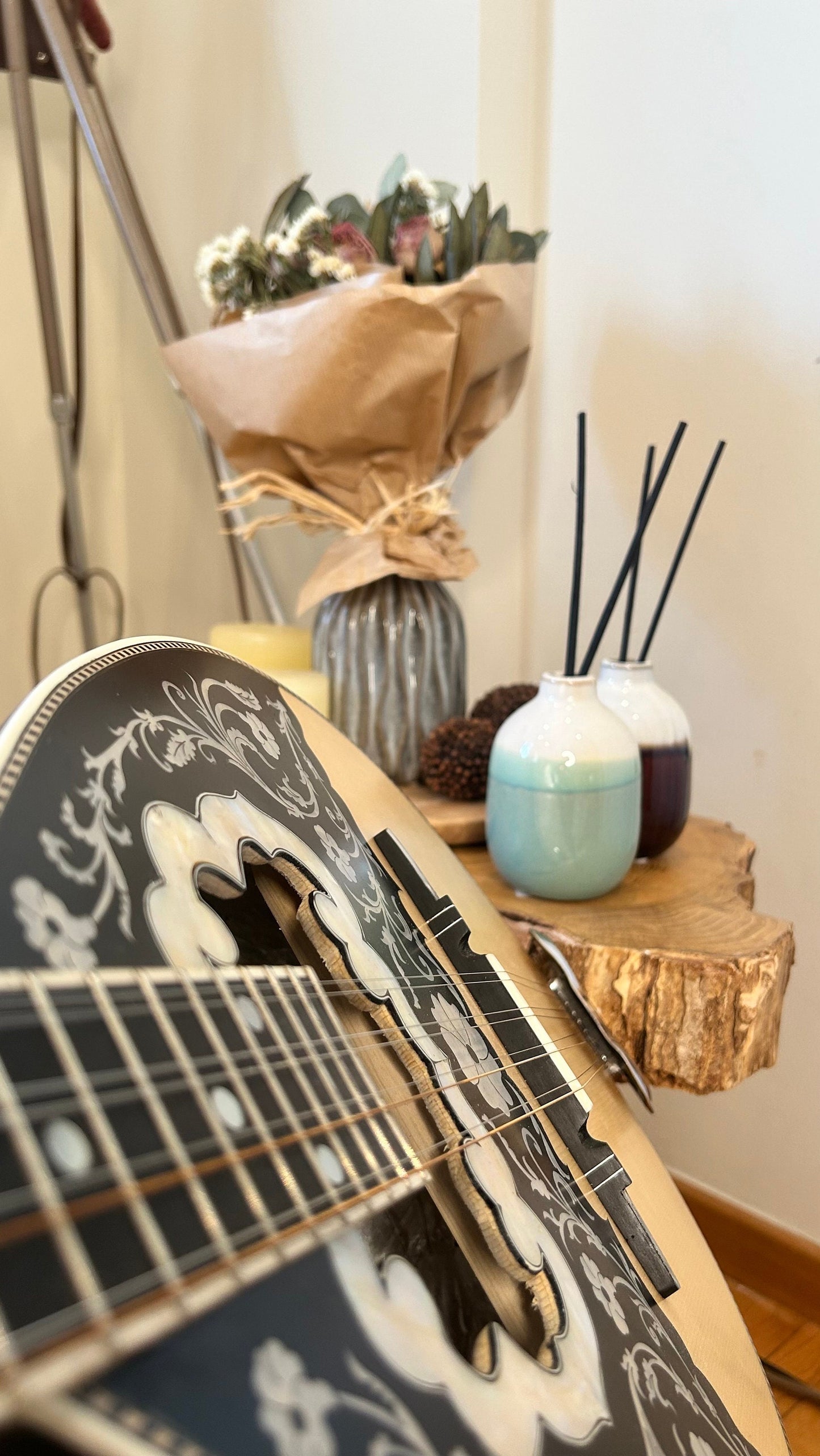 Professional Quality  Handmade 8-string Greek Traditional Bouzouki with Mother of Pearl Soundhole & Celluloid Vines/Flowers Decoration -