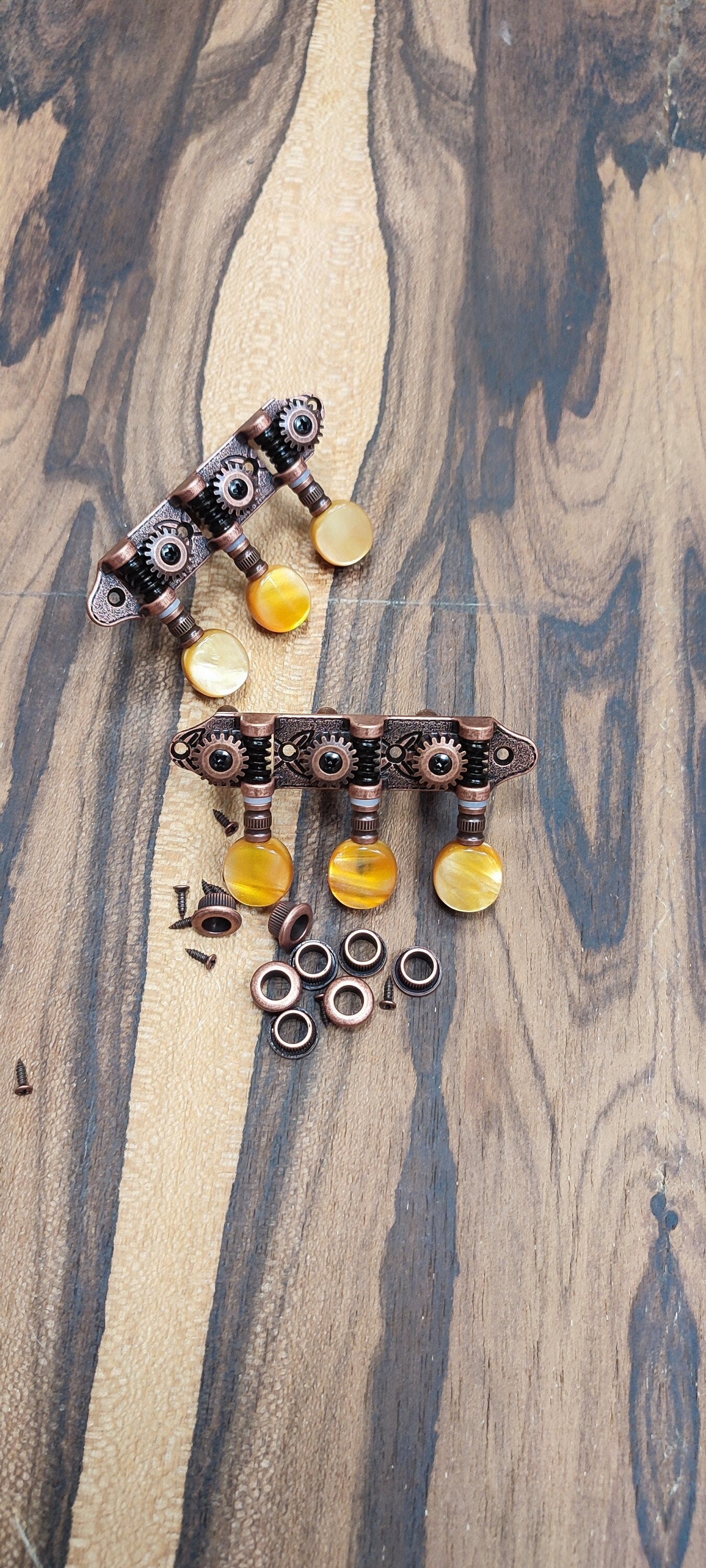 Baglamas/Bouzouki machine heads ~ Grover style Professional 6string Baglama/Bouzouki tuners ~ Bronze Colour & Brown Pearl Button