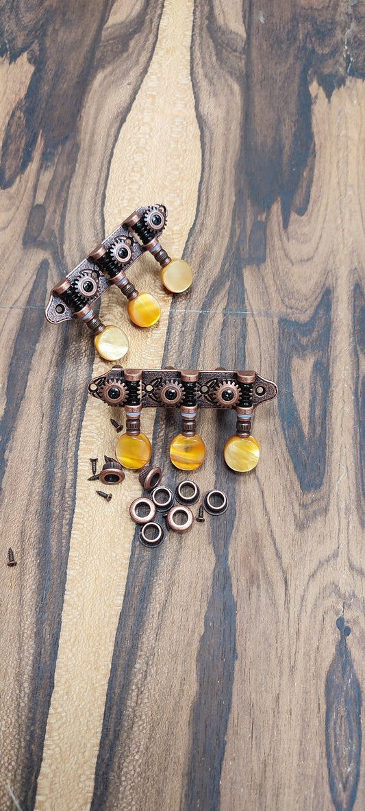 Baglamas/Bouzouki machine heads ~ Grover style Professional 6string Baglama/Bouzouki tuners ~ Bronze Colour & Brown Pearl Button