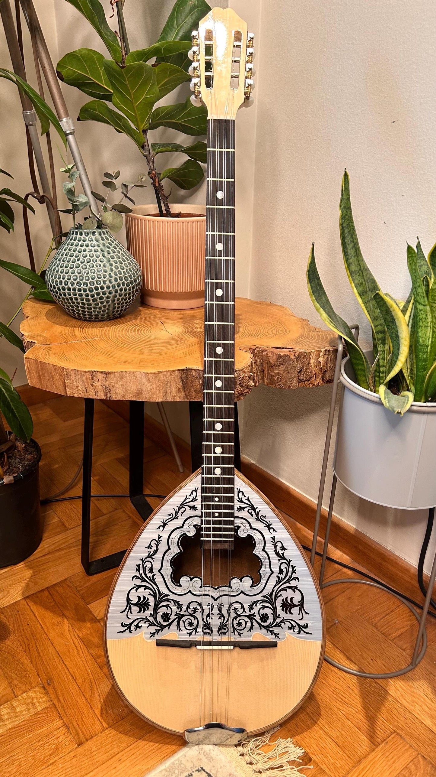 Premium Handmade 8-String Bouzouki with Double Action Truss-Rod | Greek Popular Bouzouki with Cellulose Vines Top Decorations
