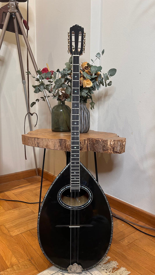 Professional Handmade 6-String Bouzouki with Greek Rebetiko Style - Total Black Design, Abalone Shell Binding, and Soundhole Decorations