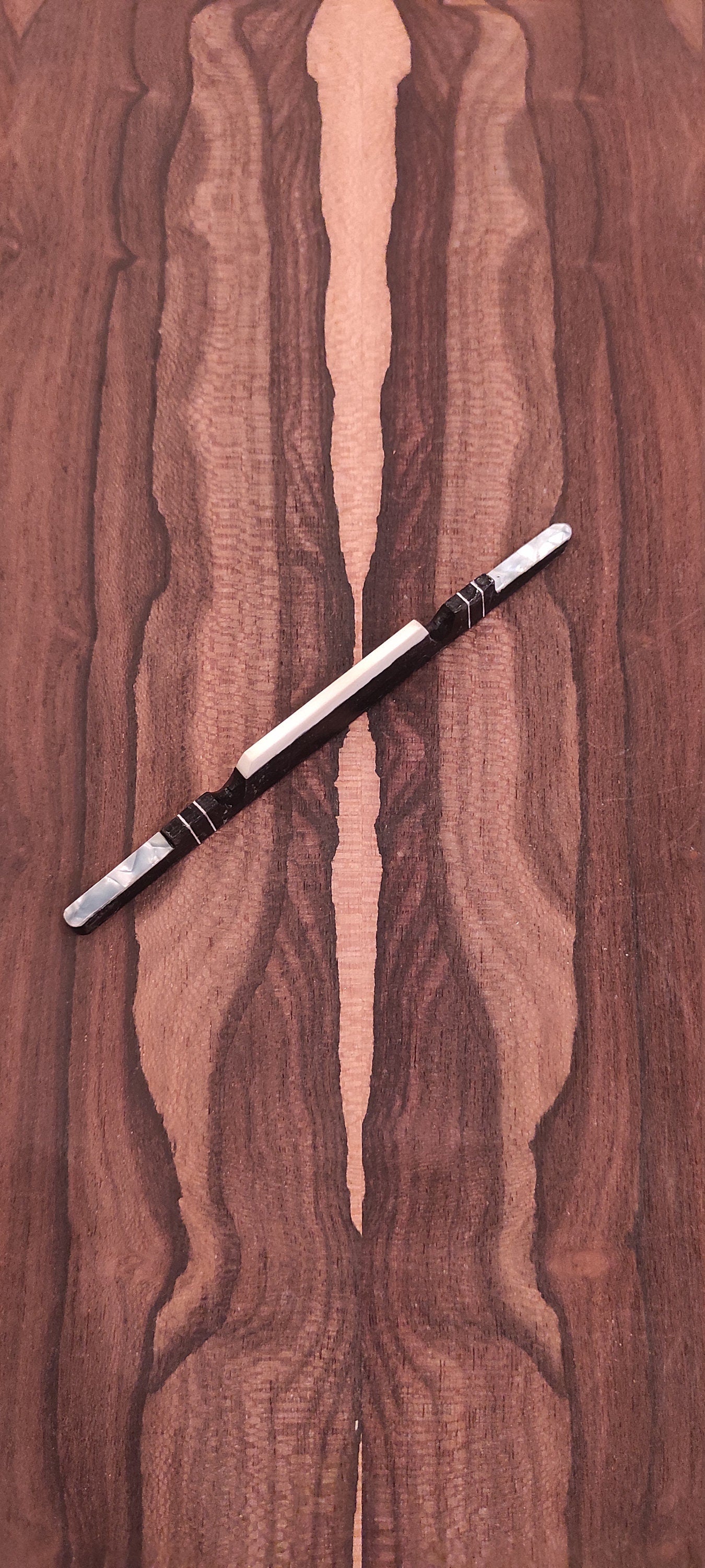 Ebony 8-String Bouzouki Bridge/Kavalaris with Bone Saddle - Ebony Bouzouki Bridge with Celluloid White Pearl Decorations