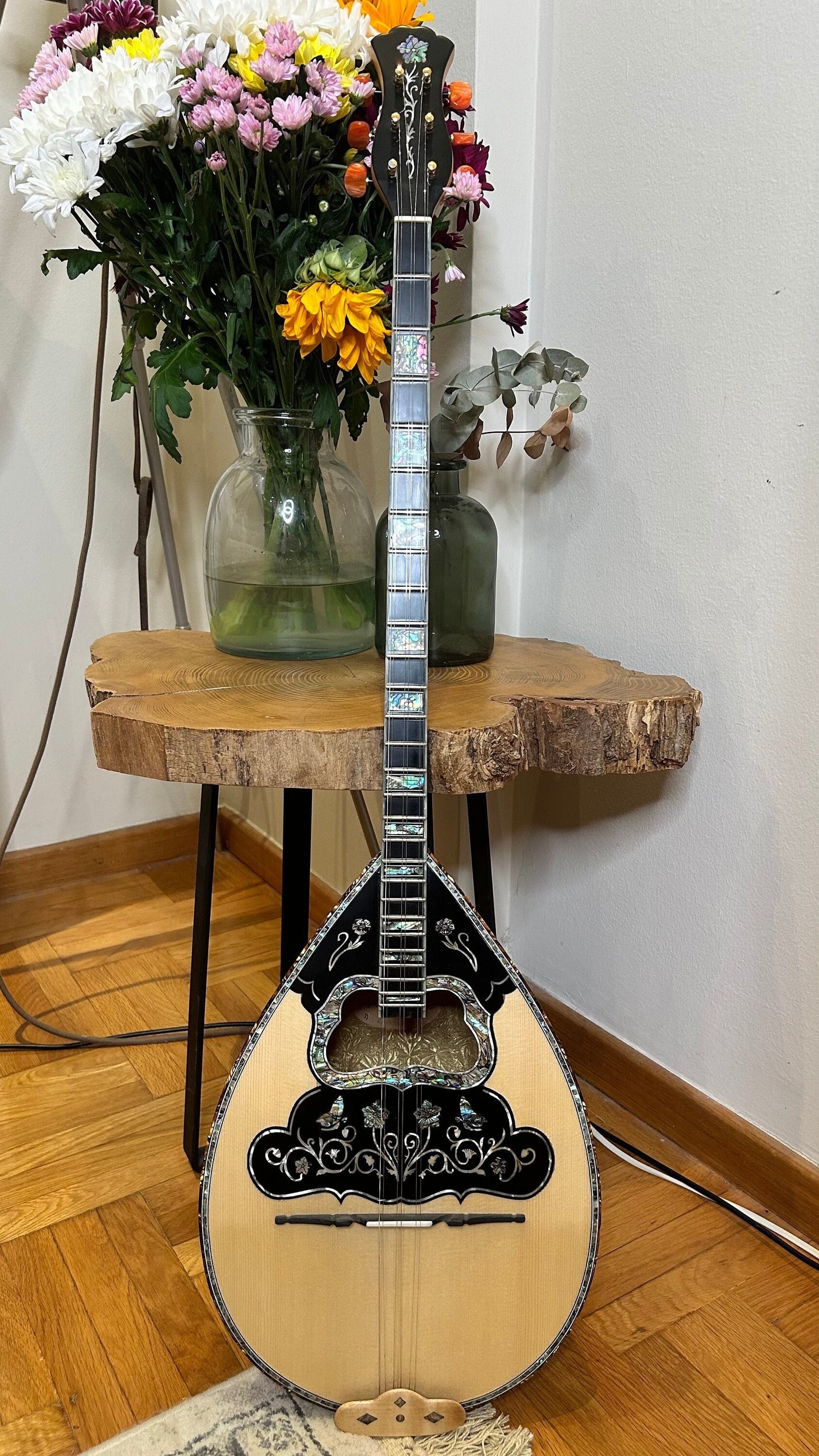 Custom 6-String Handmade Greek Bouzouki with Traditional Rebetiko Design and Abalone Shell Flower Top Decorations