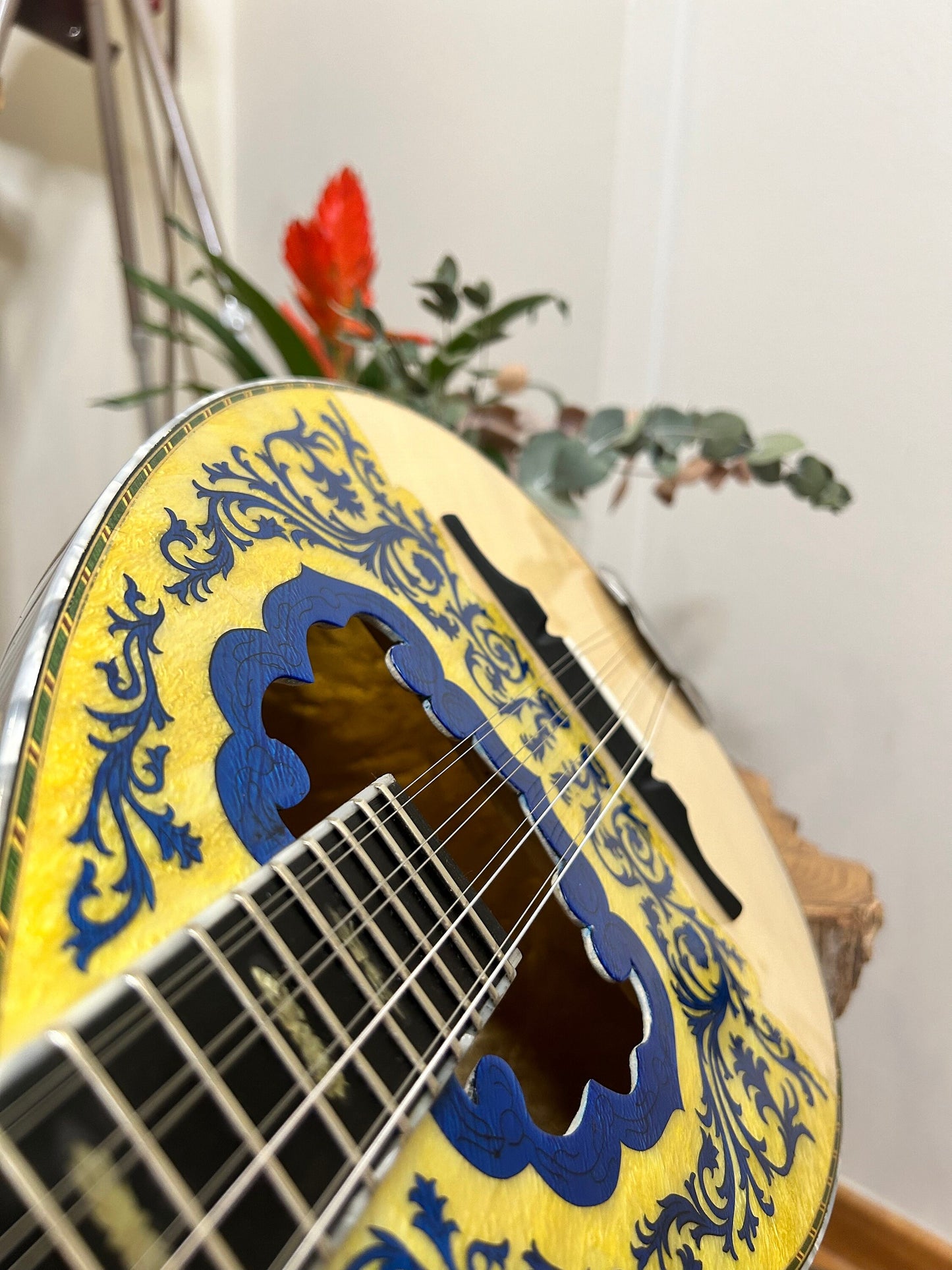Professional Handmade 8-String Bouzouki with Greek Traditional Double-Action Truss Rod, Cellulose Vines & Flowers Top Decorations