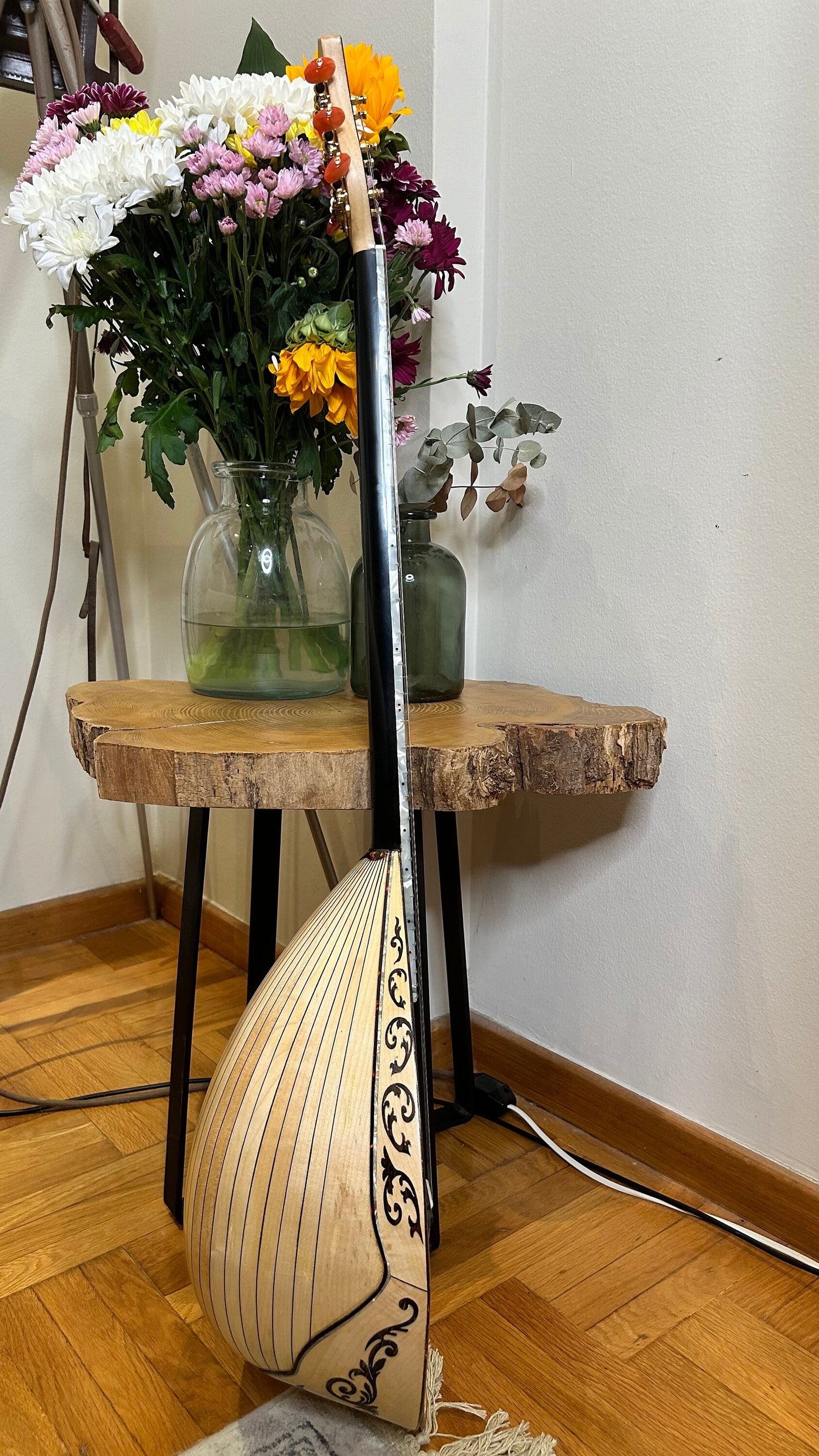 Custom 6-String Handmade Greek Bouzouki with Traditional Rebetiko Design and Abalone Shell Flower Top Decorations