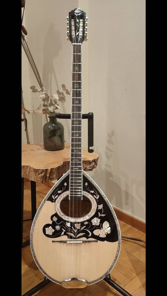 Custom Handmade 8-String Professional Bouzouki with White Pearl Celluloid Flowers and Butterfly Decorations