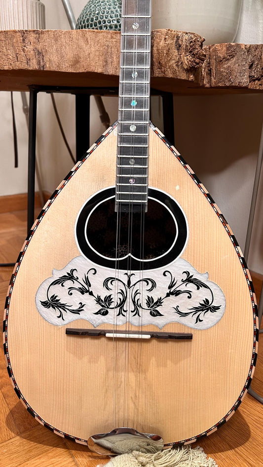 Professional Handmade 6-String Bouzouki with Greek Rebetiko Style - Black Pickguard Design and Abalone Shell Fretmarks