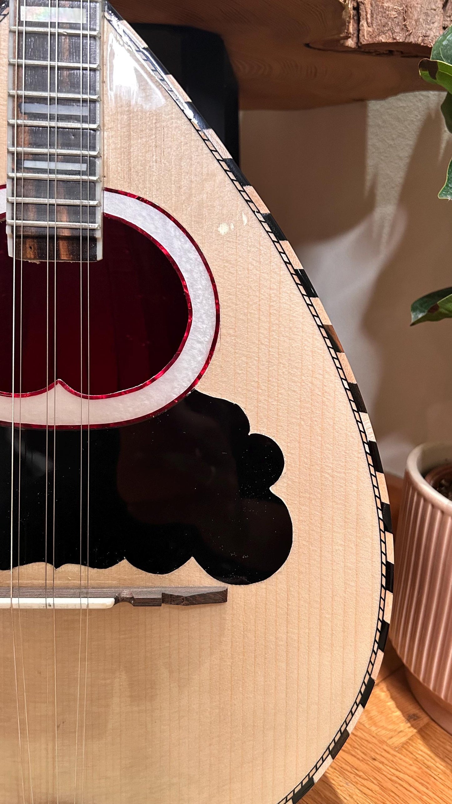 Professional Handmade 6-String Bouzouki with Greek Rebetiko Style - Black Pickguard Design and Abalone Shell Fretmarks