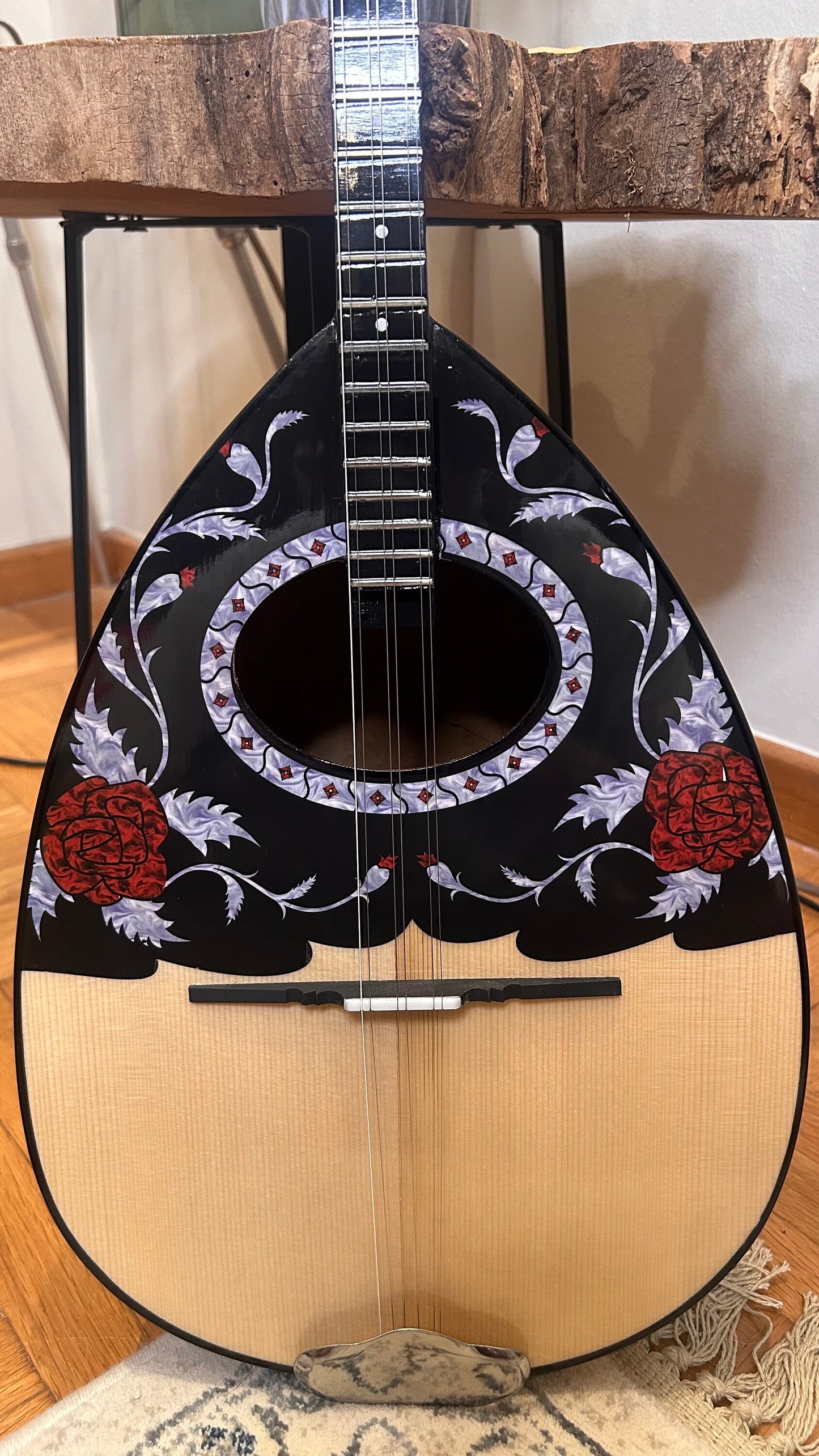 Greek Traditional Handmade 6 Strings Bouzouki - Handcrafted with Roses and Vines Vinyl Decal Top Decorations