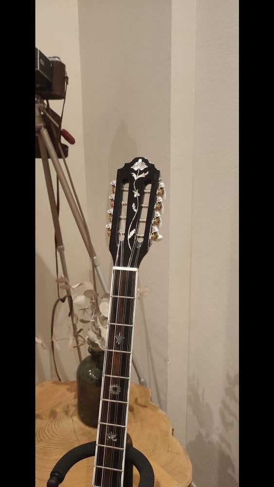 Custom Handmade 8-String Professional Bouzouki with White Pearl Celluloid Flowers and Butterfly Decorations