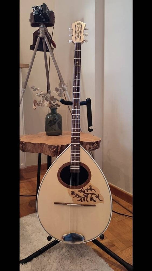Traditional Greek Rebetiko 6 String Bouzouki - Handmade with Flower Wooden Pickguard and Top Decorations
