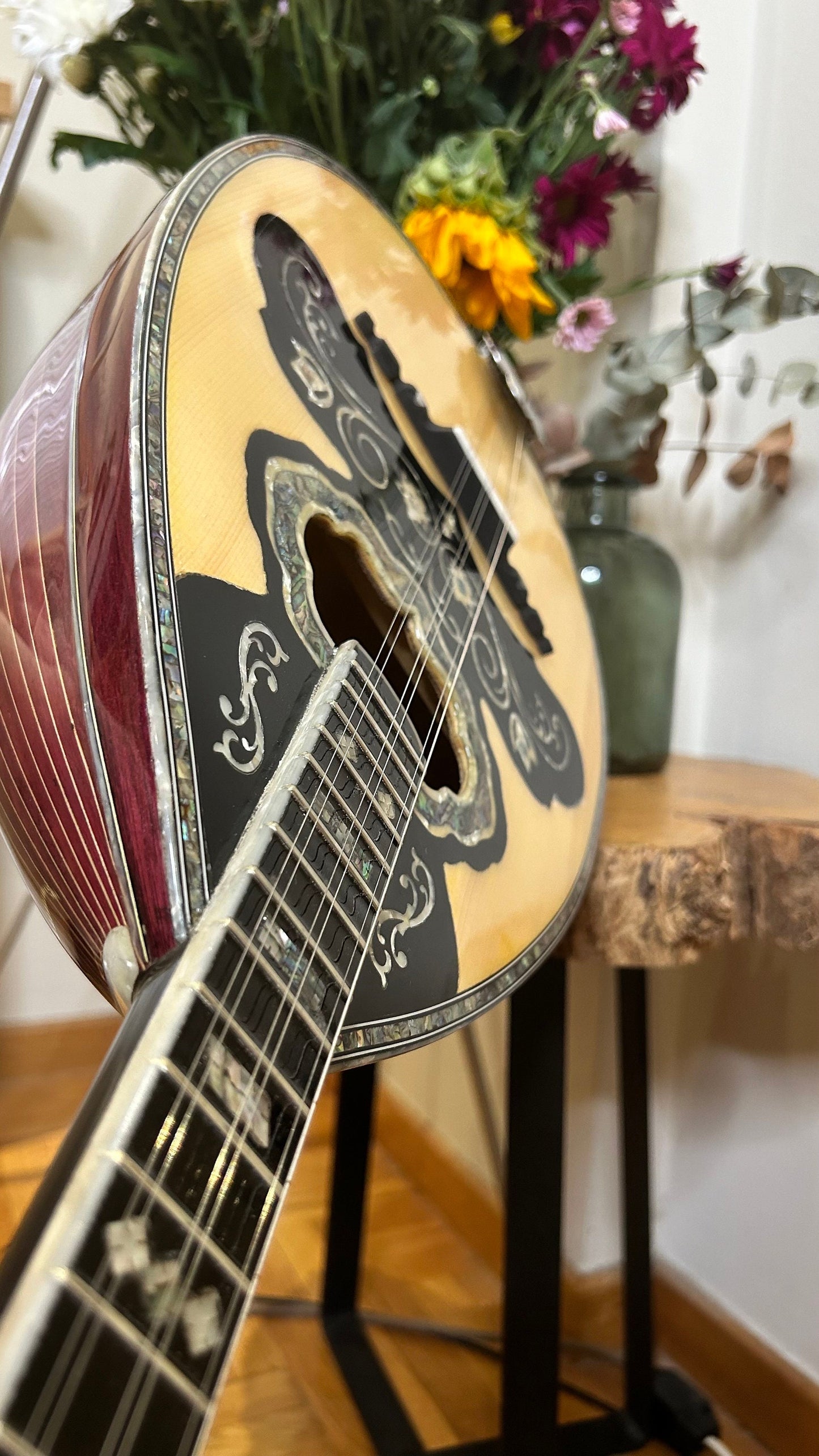 Custom 6-String Handmade Greek Bouzouki with Traditional Rebetiko Design and Abalone Shell Flower Top Decorations