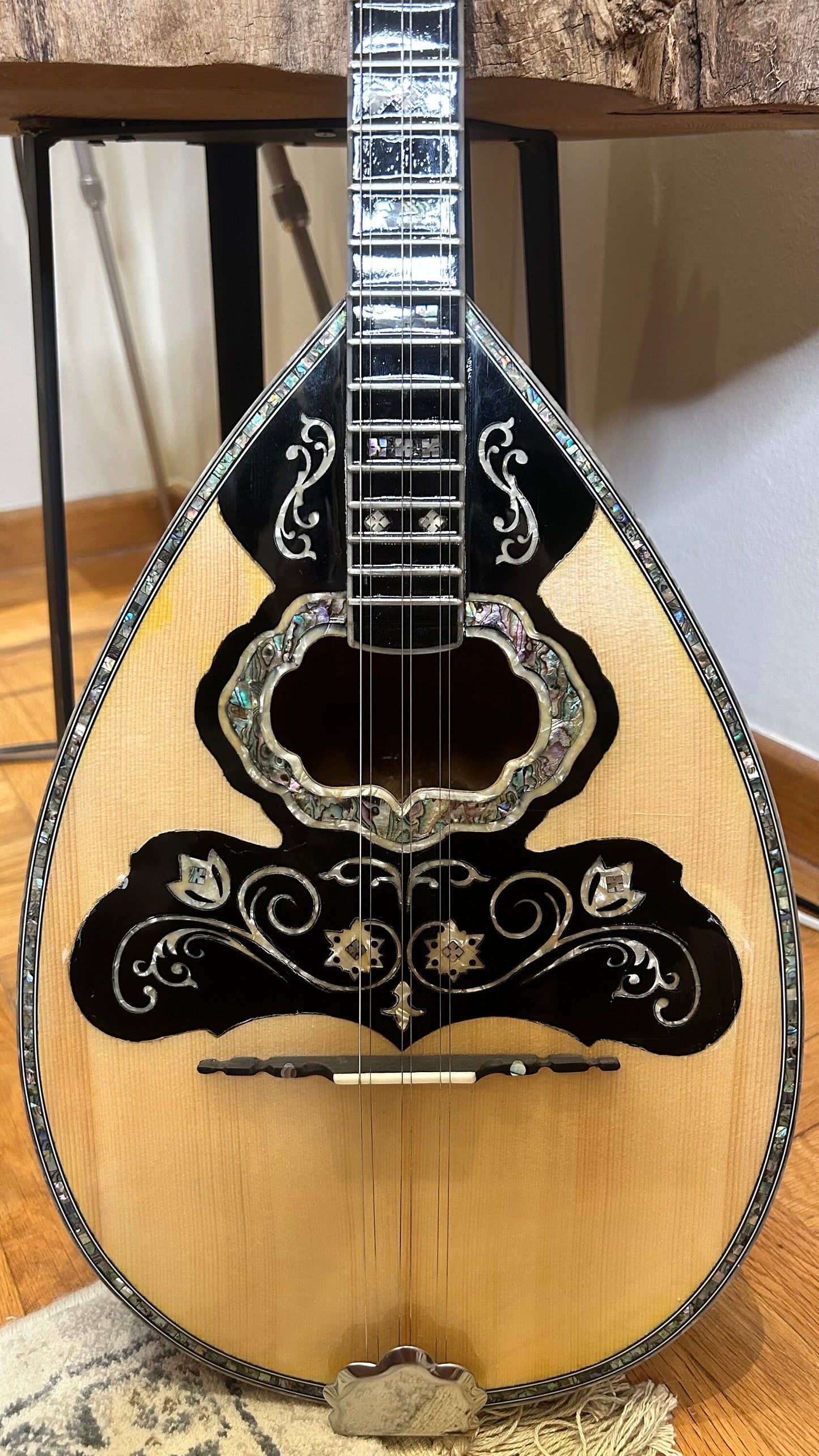 Custom 6-String Handmade Greek Bouzouki with Traditional Rebetiko Design and Abalone Shell Flower Top Decorations