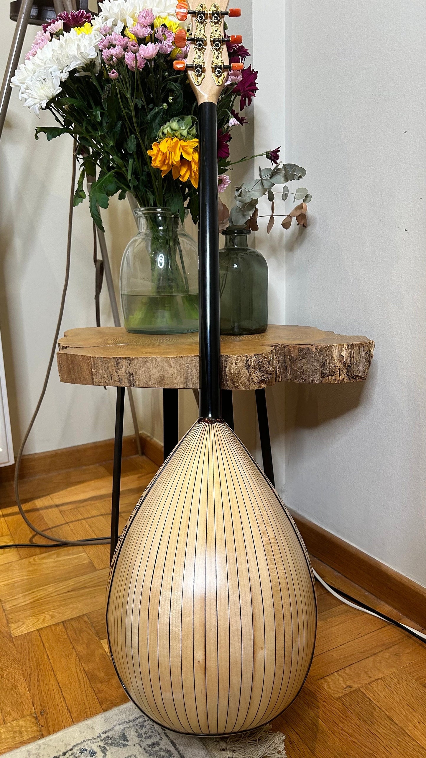 Custom 6-String Handmade Greek Bouzouki with Traditional Rebetiko Design and Abalone Shell Flower Top Decorations