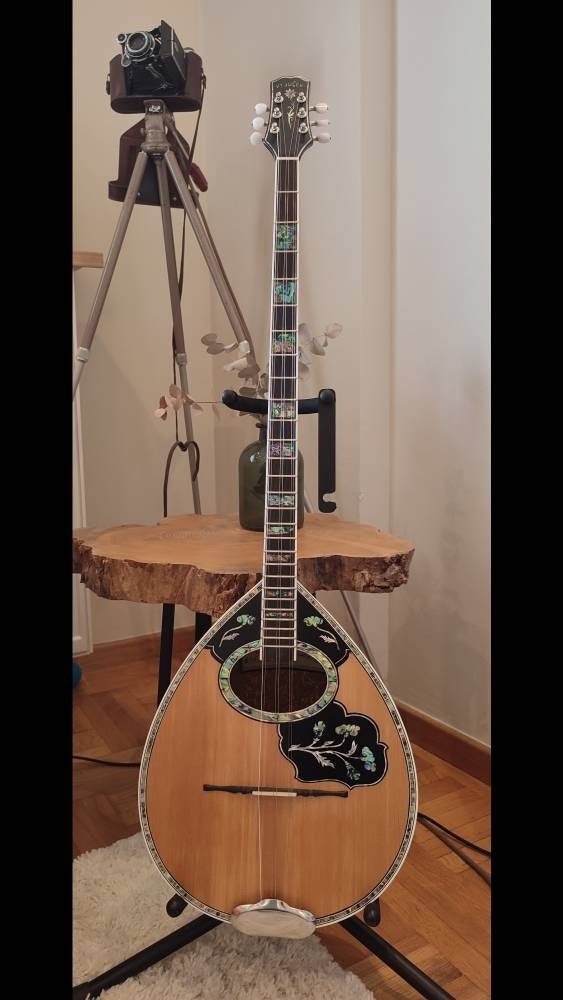 Custom 6-String Handmade Greek Bouzouki with Traditional Rebetiko Design and Abalone Shell Flower Top Decorations