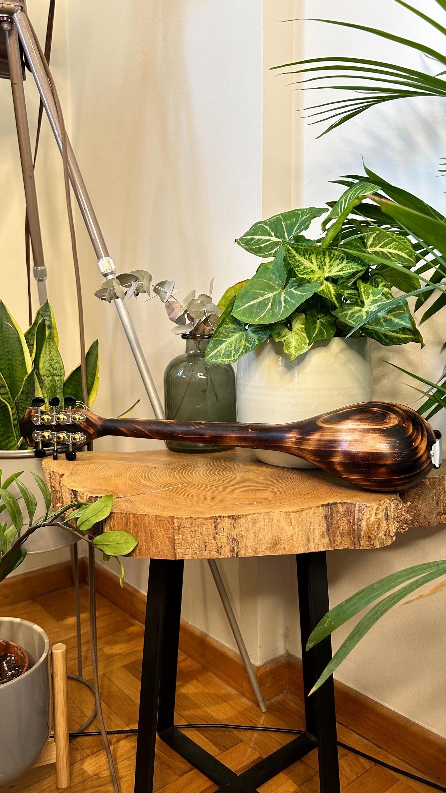 Custom Baglamas - Handmade 6-String one-piece Burned Poplar Baglamas with Black painted Spruce top - Greek Rebetiko Music