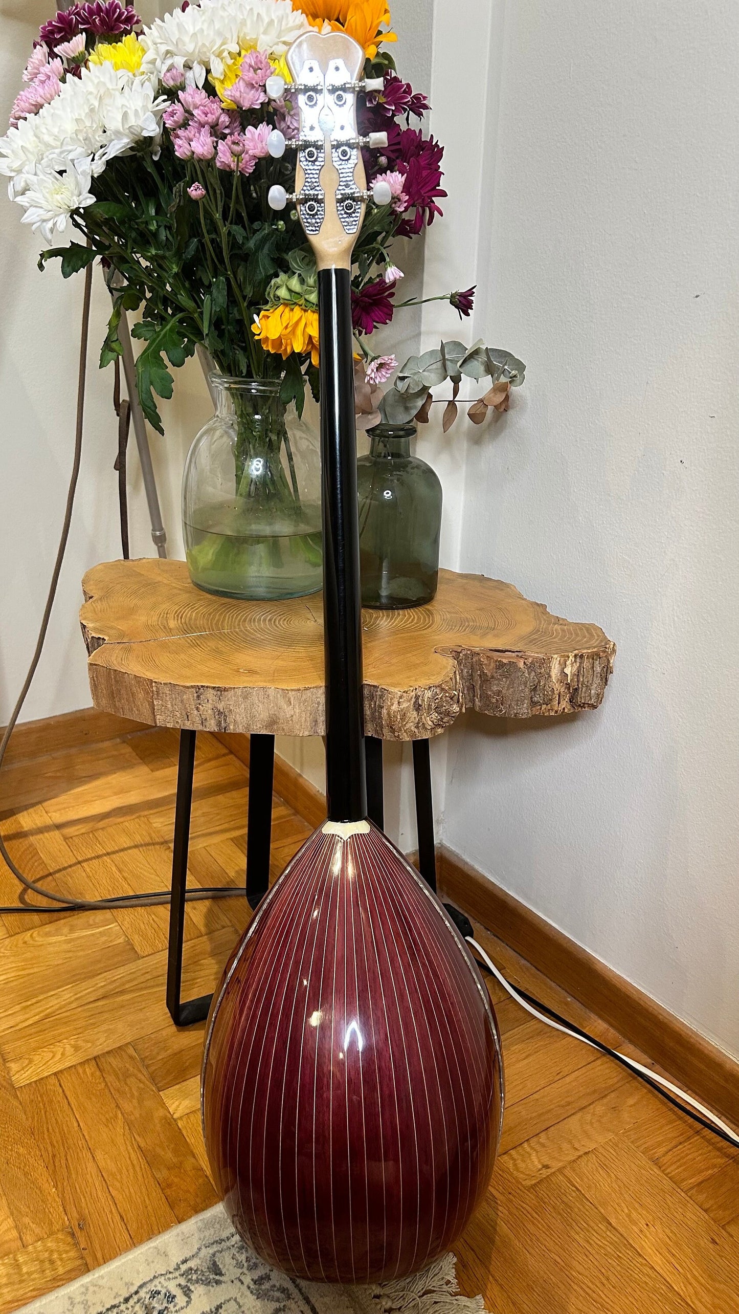 Custom 6-String Handmade Greek Bouzouki with Traditional Rebetiko Design and Abalone Shell Flower Top Decorations