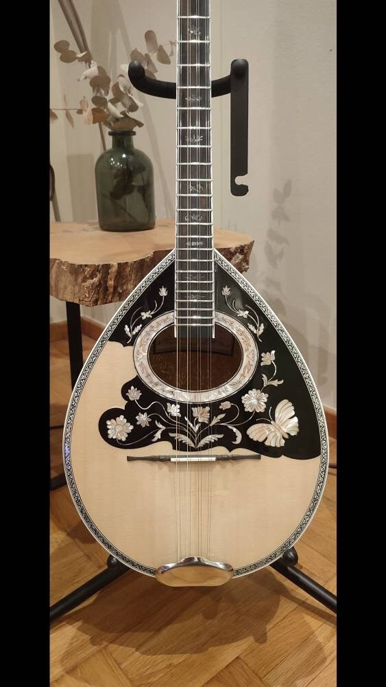 Custom Handmade 8-String Professional Bouzouki with White Pearl Celluloid Flowers and Butterfly Decorations