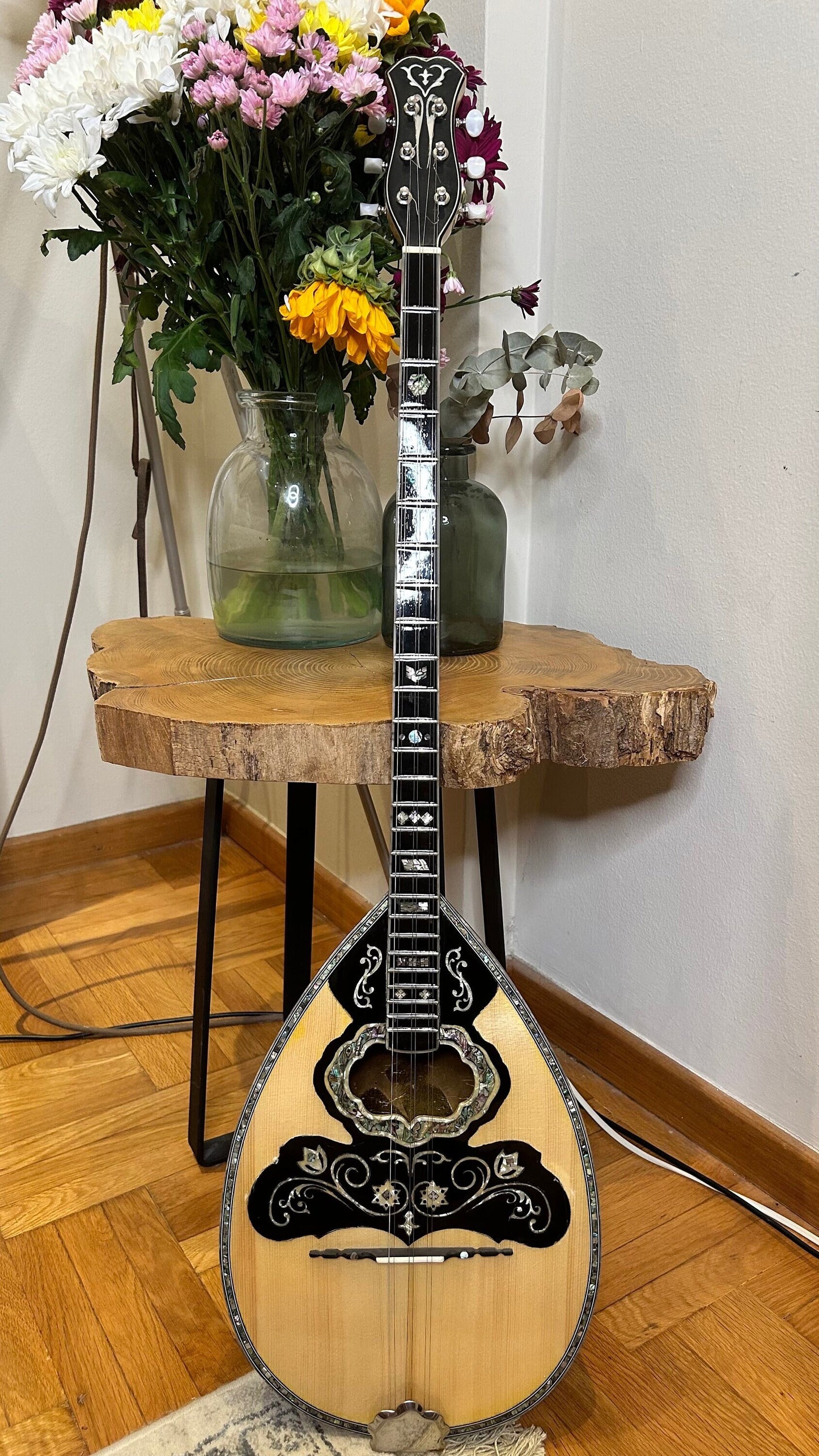 Custom 6-String Handmade Greek Bouzouki with Traditional Rebetiko Design and Abalone Shell Flower Top Decorations