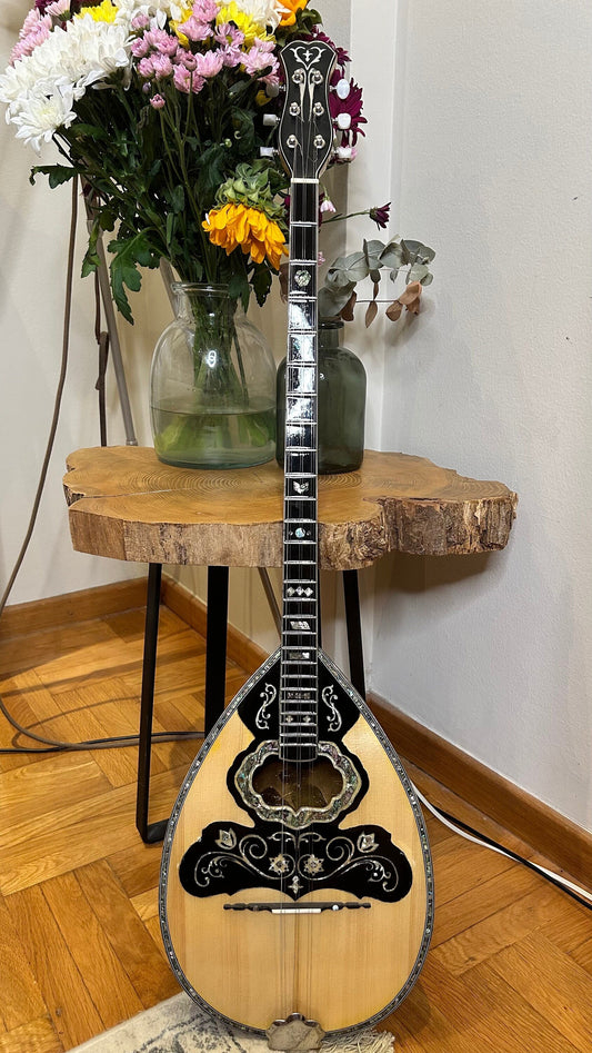 Custom 6-String Handmade Greek Bouzouki with Traditional Rebetiko Design and Abalone Shell Flower Top Decorations