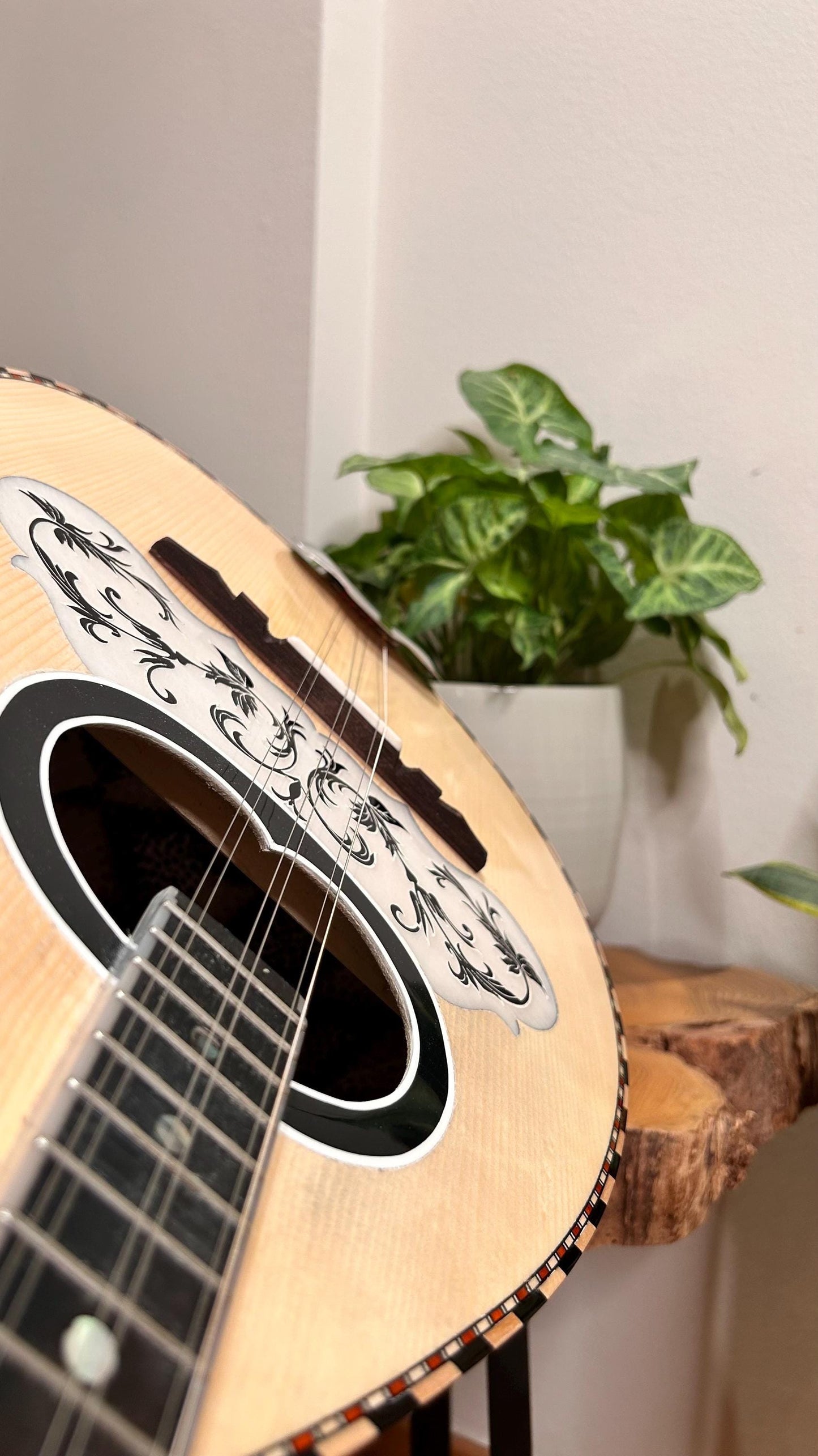 Professional Handmade 6-String Bouzouki with Greek Rebetiko Style - Black Pickguard Design and Abalone Shell Fretmarks