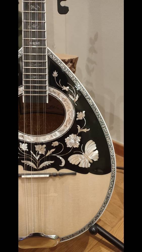 Custom Handmade 8-String Professional Bouzouki with White Pearl Celluloid Flowers and Butterfly Decorations