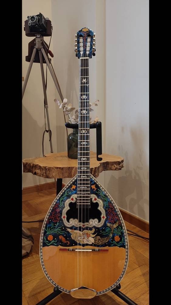 Custom Handmade Professional 8-String Bouzouki with Mermaid and Deep Sea Full Top Decorations