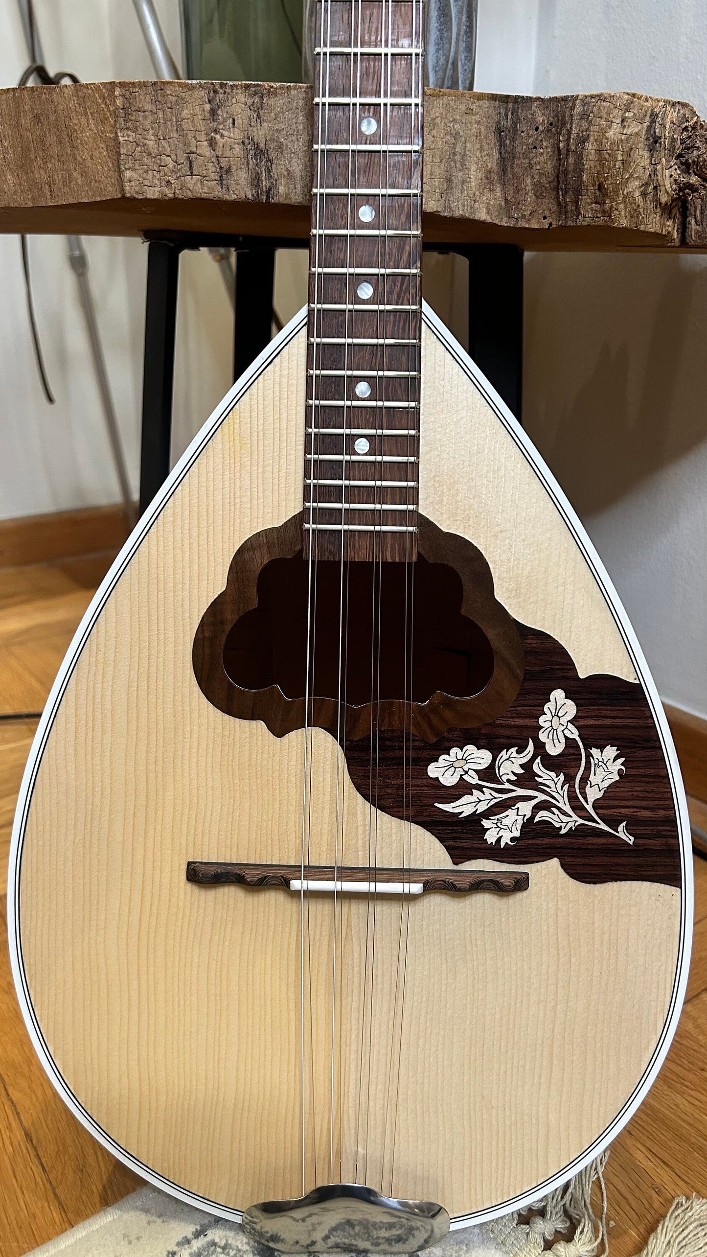 Handmade 8-String Bouzouki - Greek Traditional Instrument with Beautiful Wooden Flower Top Decorations - Truss-rod reinforced