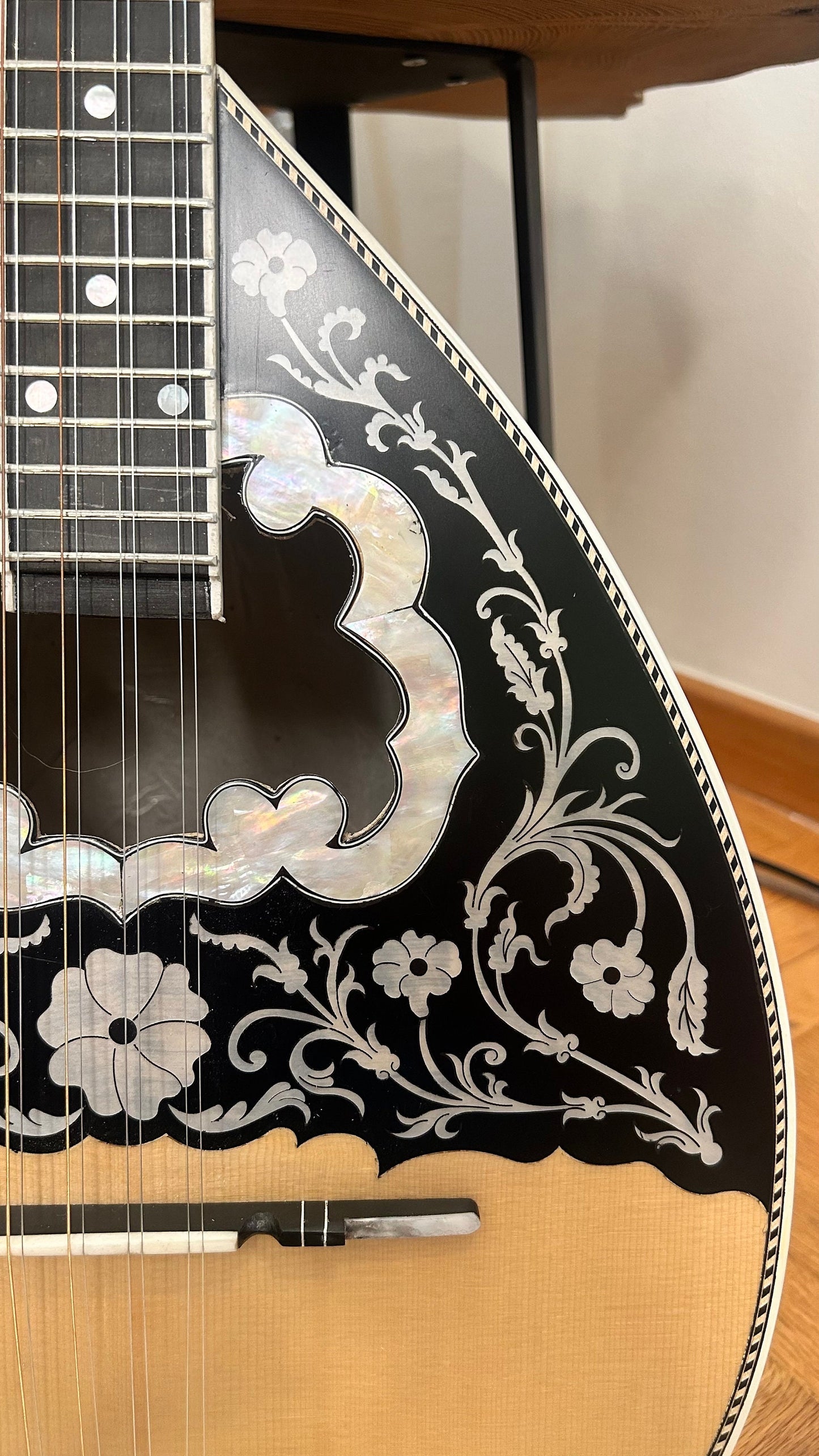 Professional Quality  Handmade 8-string Greek Traditional Bouzouki with Mother of Pearl Soundhole & Celluloid Vines/Flowers Decoration -