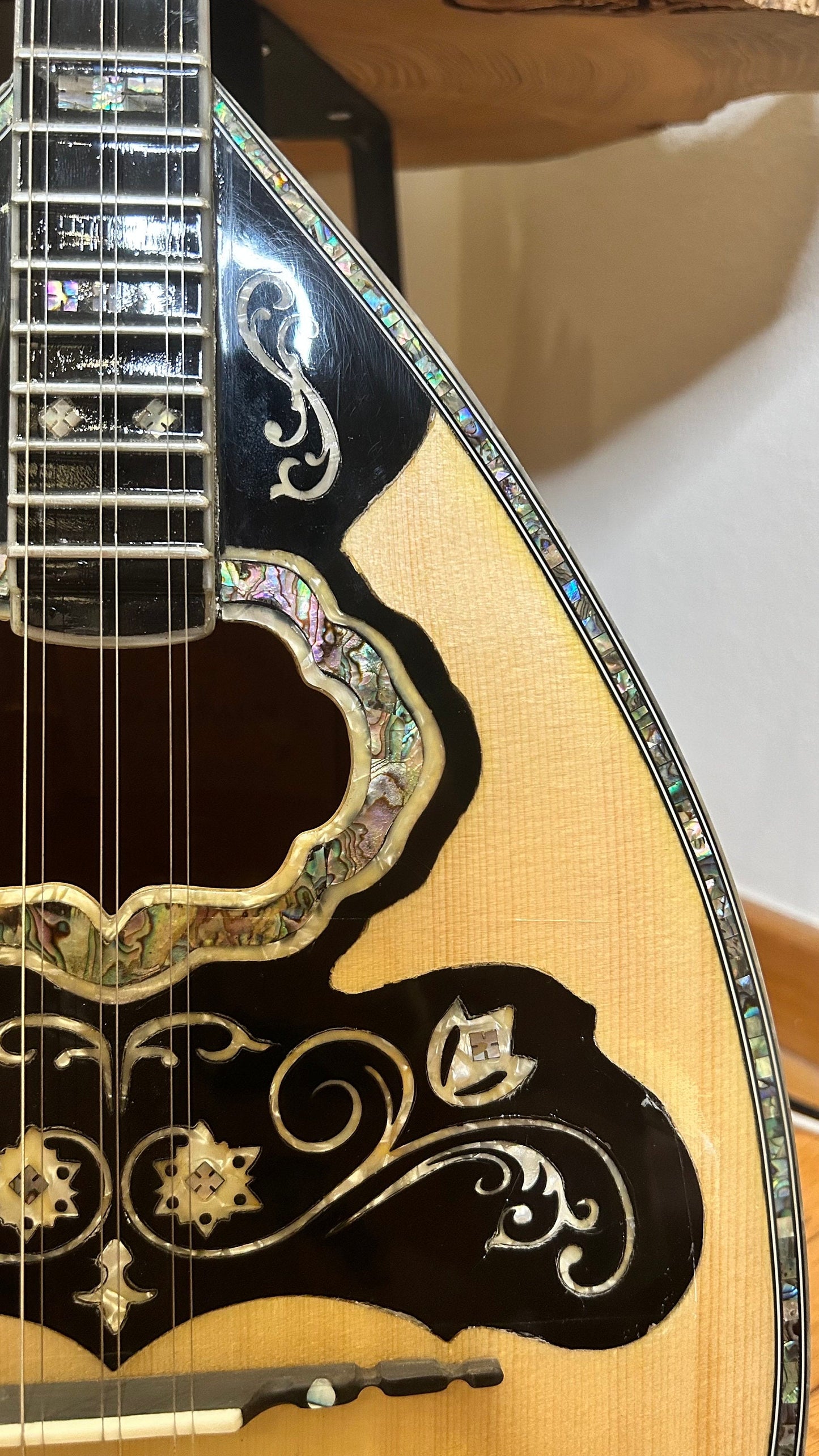 Custom 6-String Handmade Greek Bouzouki with Traditional Rebetiko Design and Abalone Shell Flower Top Decorations