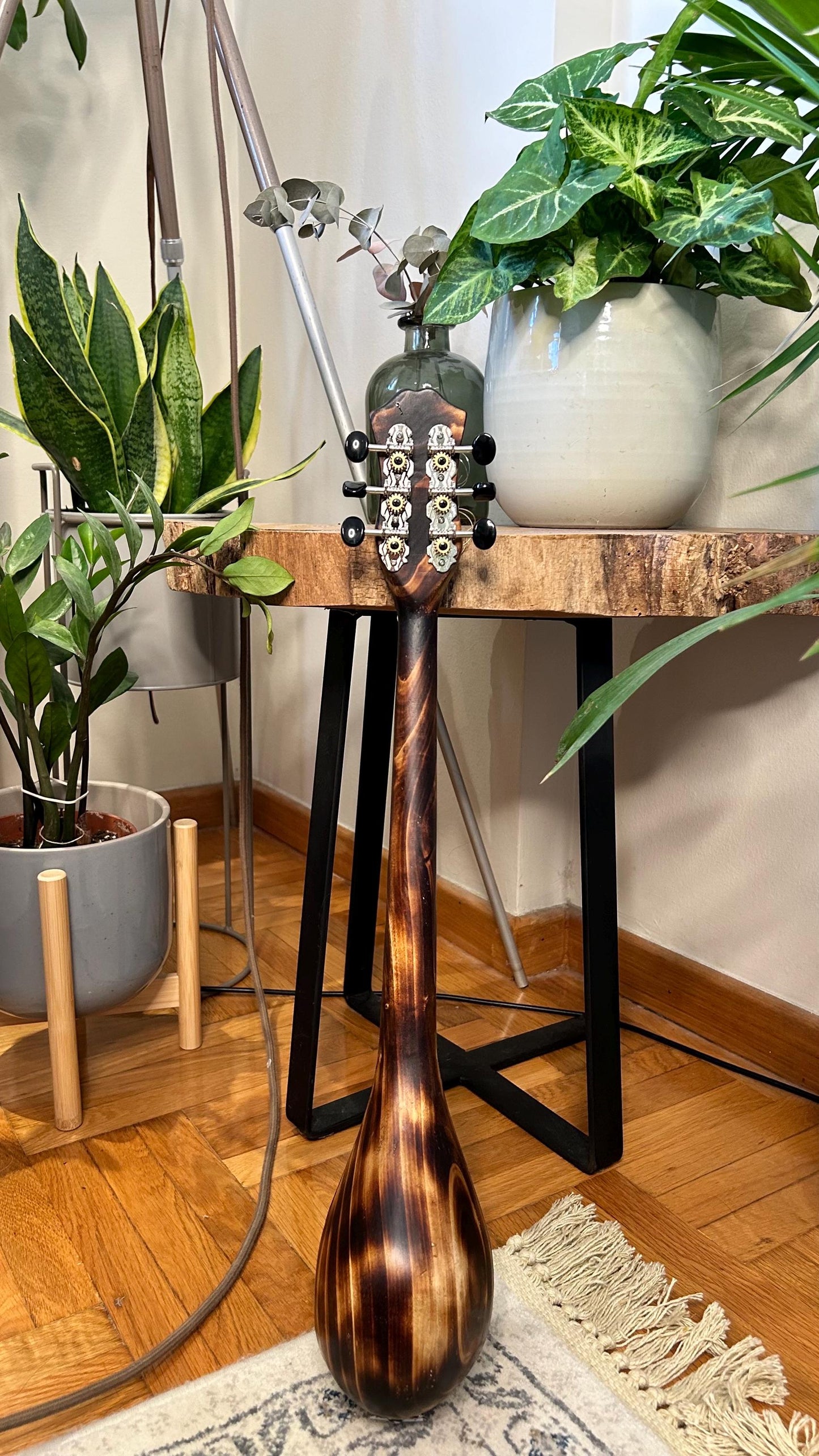 Custom Baglamas - Handmade 6-String one-piece Burned Poplar Baglamas with Black painted Spruce top - Greek Rebetiko Music