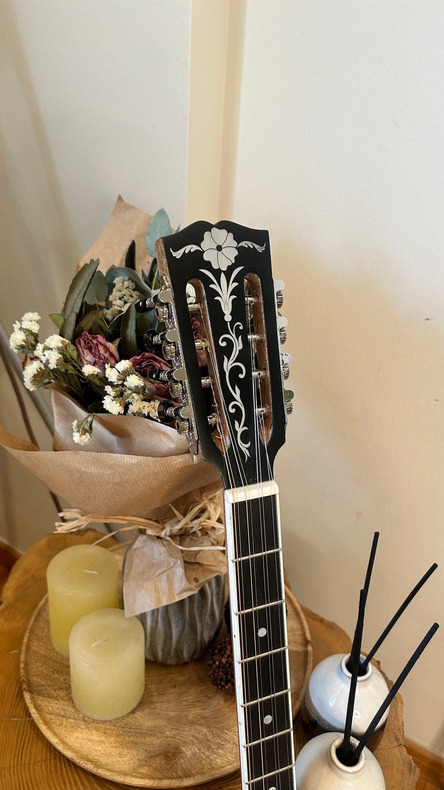 Professional Quality  Handmade 8-string Greek Traditional Bouzouki with Mother of Pearl Soundhole & Celluloid Vines/Flowers Decoration -