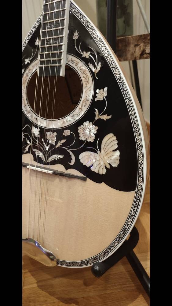 Custom Handmade 8-String Professional Bouzouki with White Pearl Celluloid Flowers and Butterfly Decorations