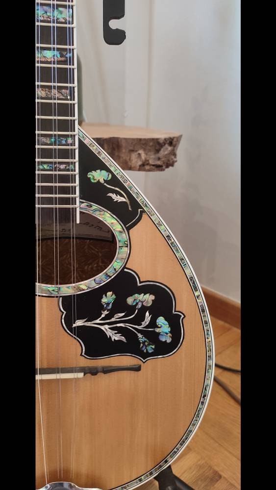 Custom 6-String Handmade Greek Bouzouki with Traditional Rebetiko Design and Abalone Shell Flower Top Decorations