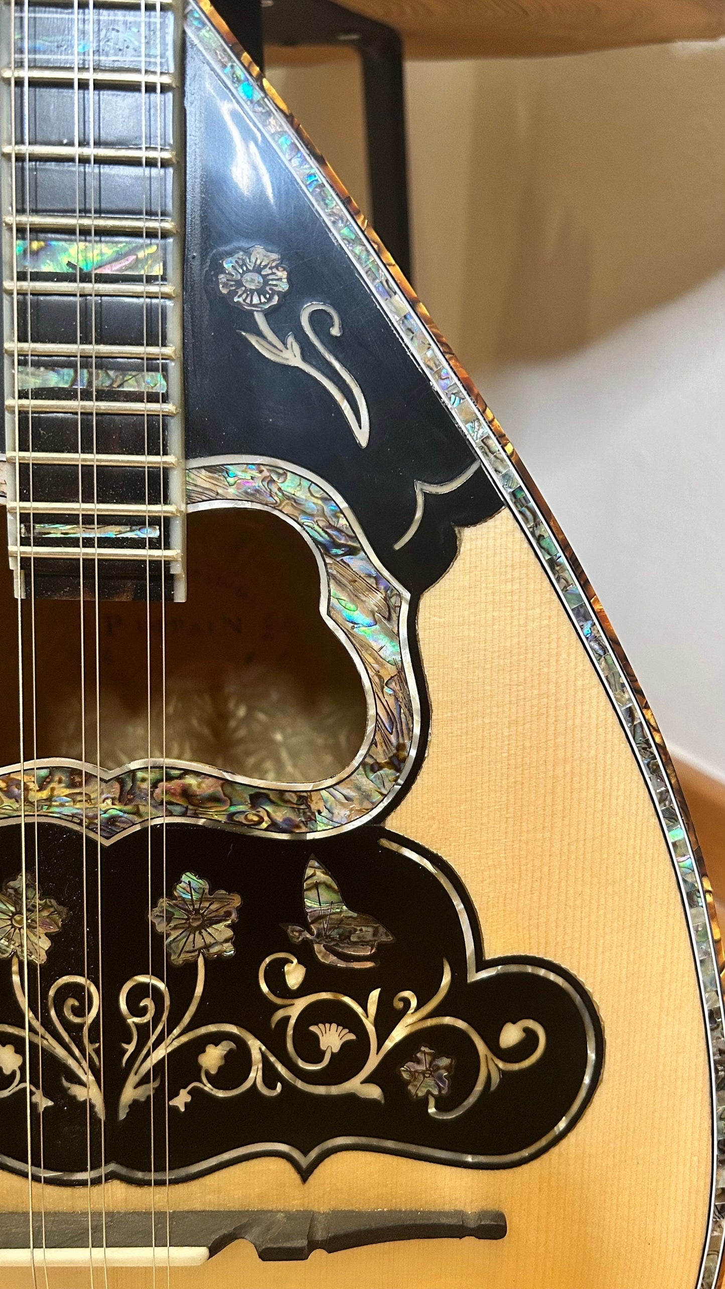 Custom 6-String Handmade Greek Bouzouki with Traditional Rebetiko Design and Abalone Shell Flower Top Decorations