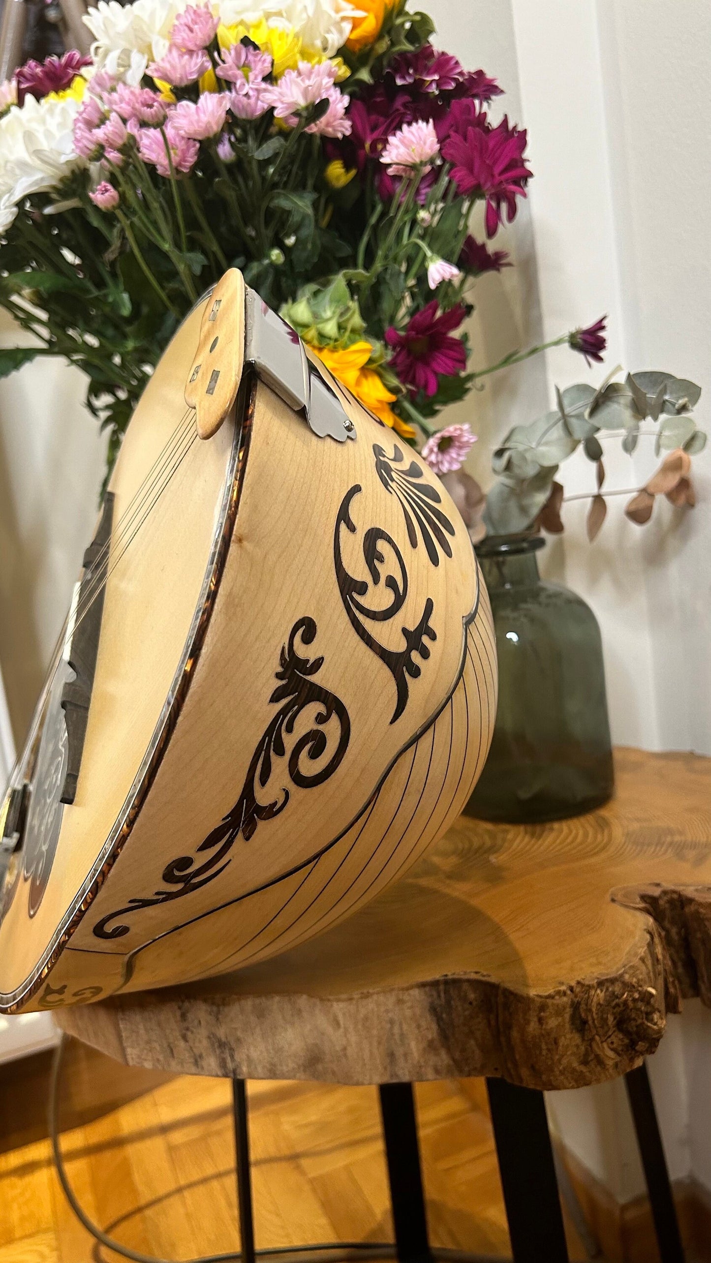 Custom 6-String Handmade Greek Bouzouki with Traditional Rebetiko Design and Abalone Shell Flower Top Decorations