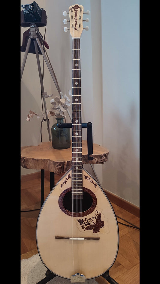 Traditional Greek Rebetiko 6 String Bouzouki - Handmade with Buttrtfly&Flower Wooden Pickguard and Top Decorations
