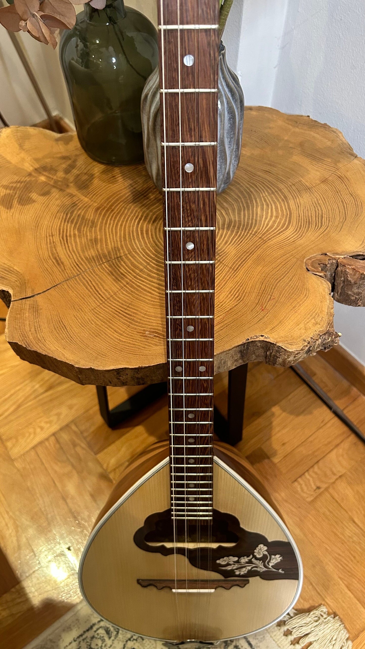 Handmade 8-String Bouzouki - Greek Traditional Instrument with Beautiful Wooden Flower Top Decorations - Truss-rod reinforced