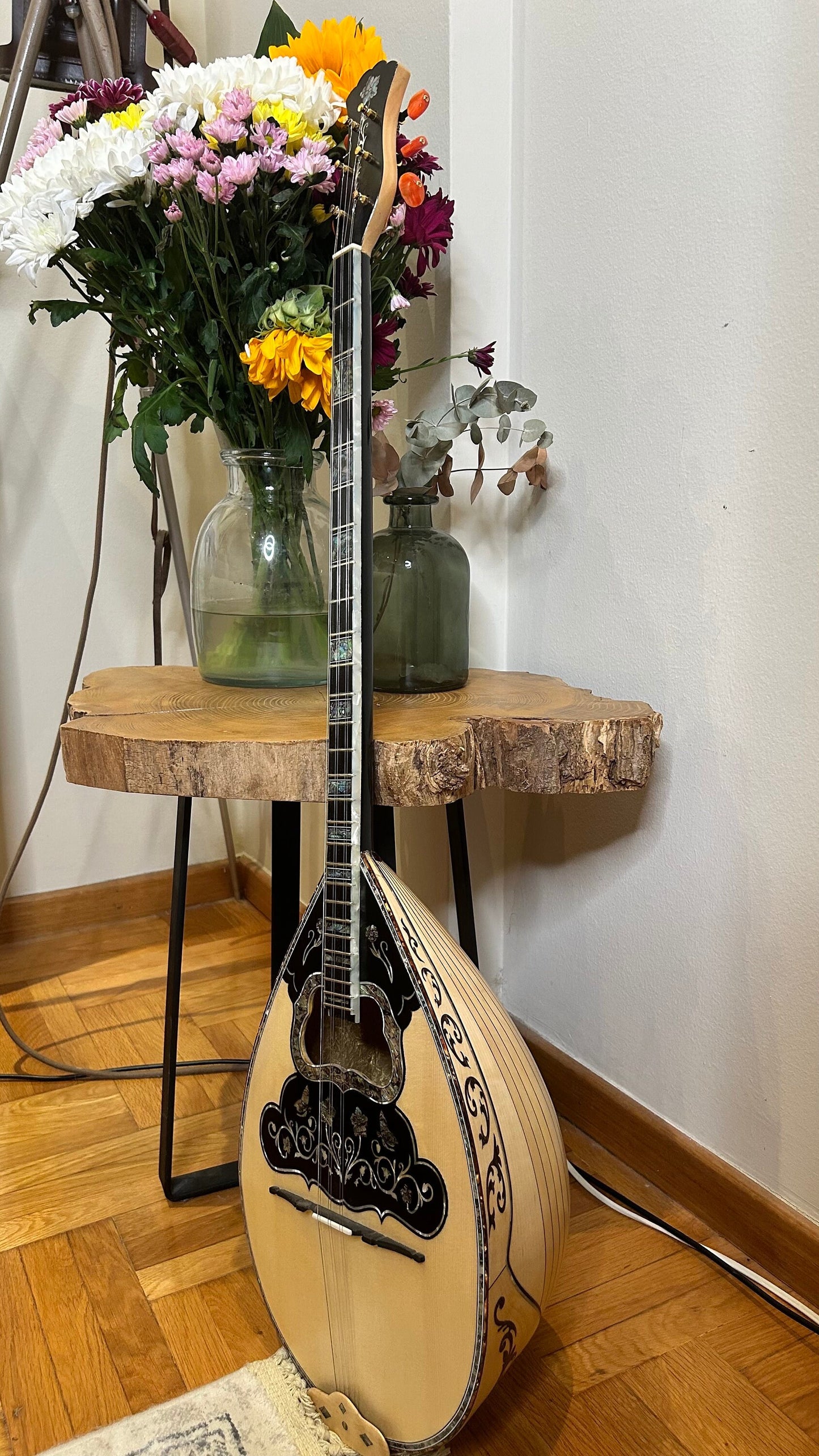 Custom 6-String Handmade Greek Bouzouki with Traditional Rebetiko Design and Abalone Shell Flower Top Decorations