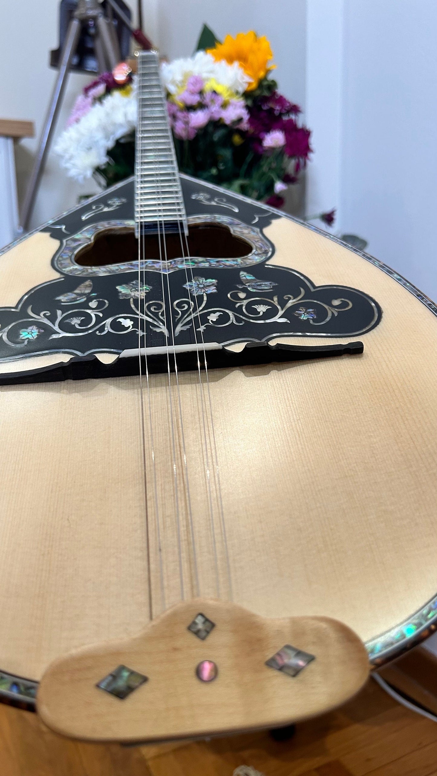 Custom 6-String Handmade Greek Bouzouki with Traditional Rebetiko Design and Abalone Shell Flower Top Decorations