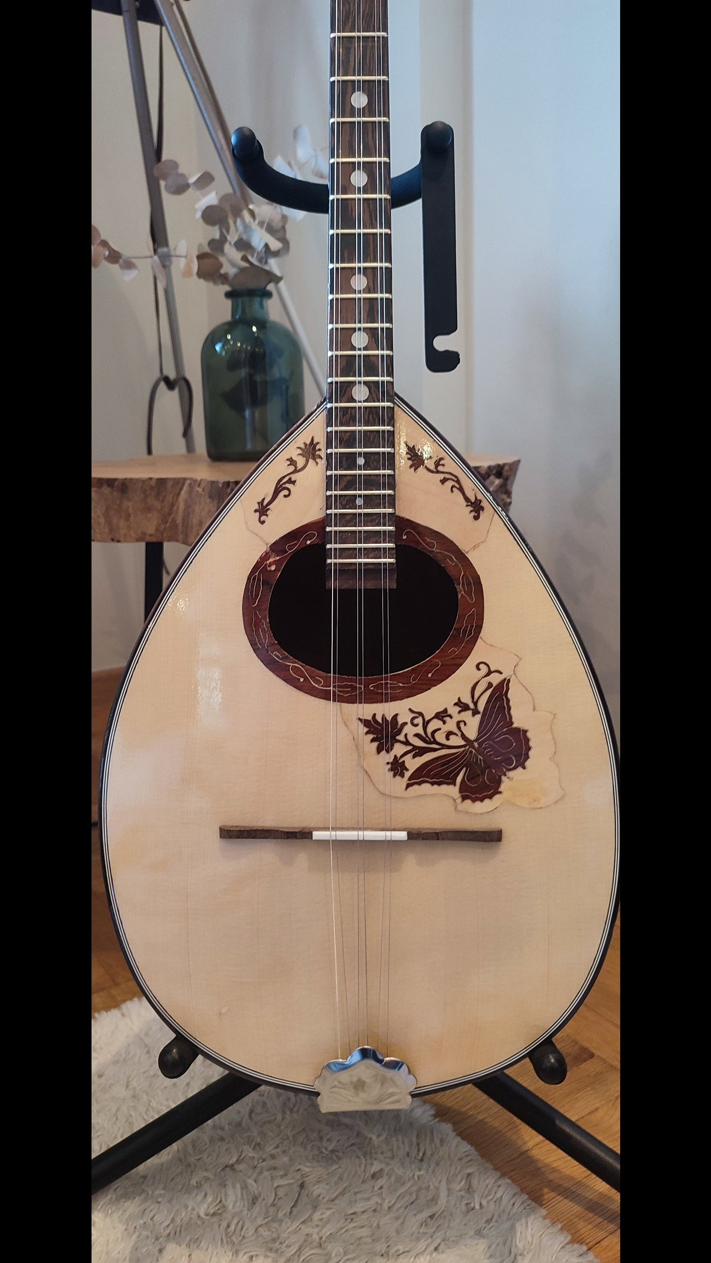 Traditional Greek Rebetiko 6 String Bouzouki - Handmade with Buttrtfly&Flower Wooden Pickguard and Top Decorations