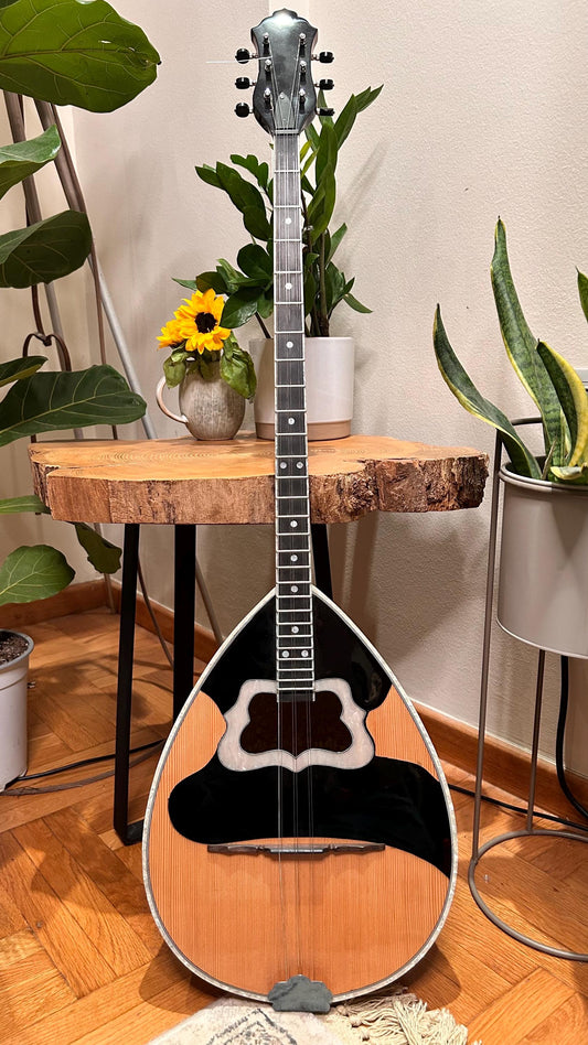 Professional Handmade 6-String Bouzouki with Greek Rebetiko Style - Black Pickguard Design and Abalone Shell Fretmarks