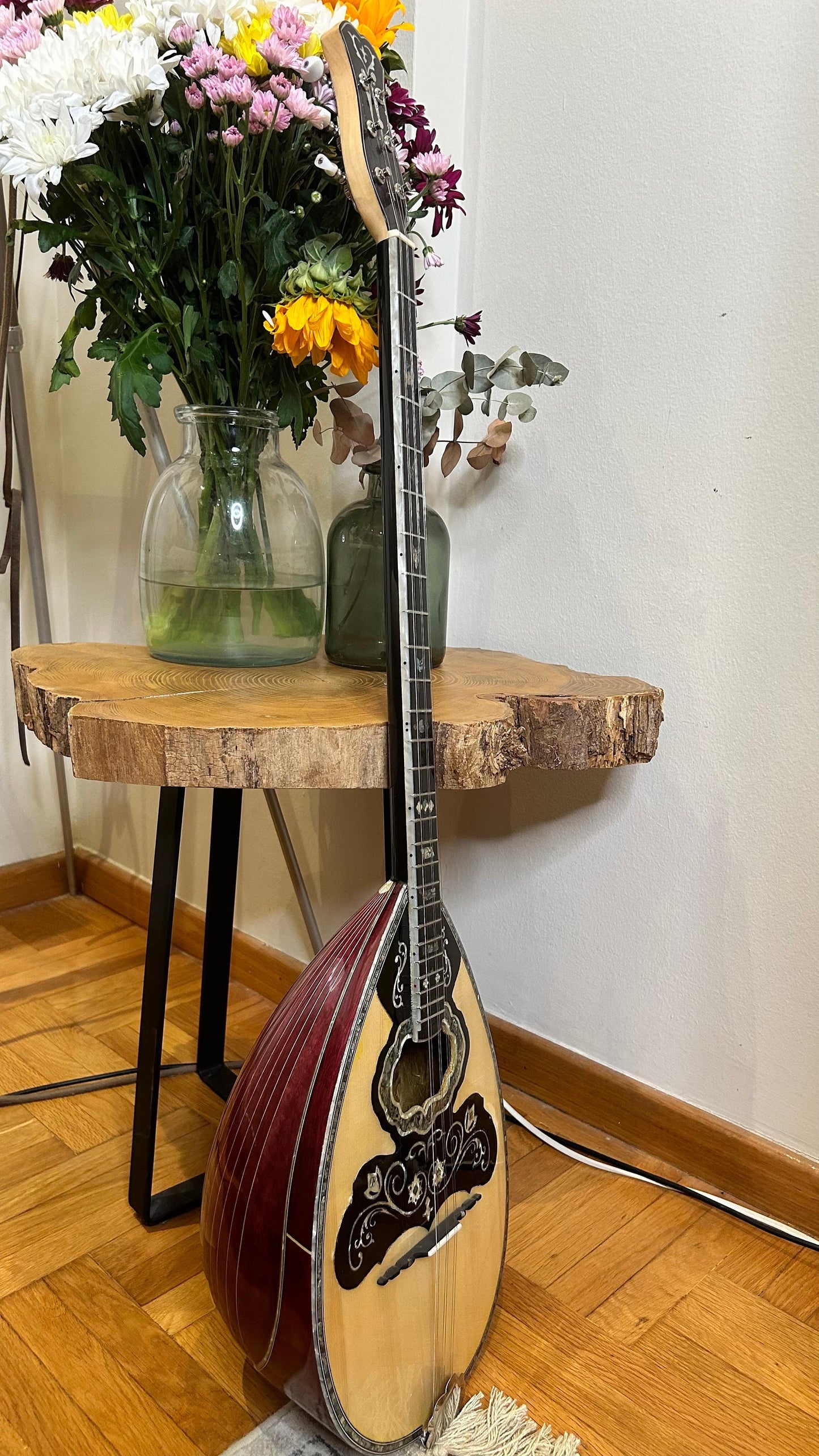 Custom 6-String Handmade Greek Bouzouki with Traditional Rebetiko Design and Abalone Shell Flower Top Decorations
