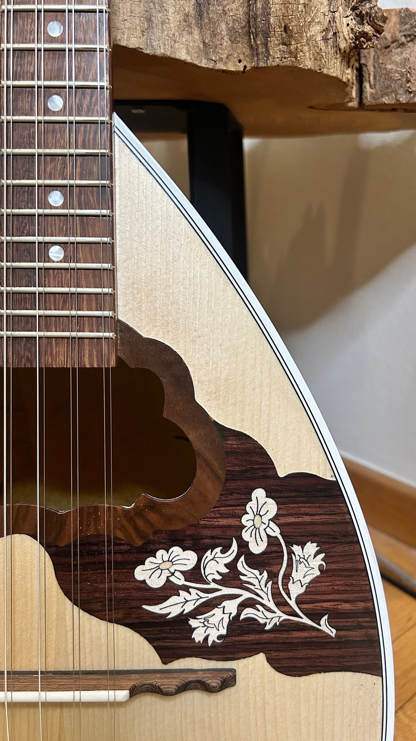 Handmade 8-String Bouzouki - Greek Traditional Instrument with Beautiful Wooden Flower Top Decorations - Truss-rod reinforced