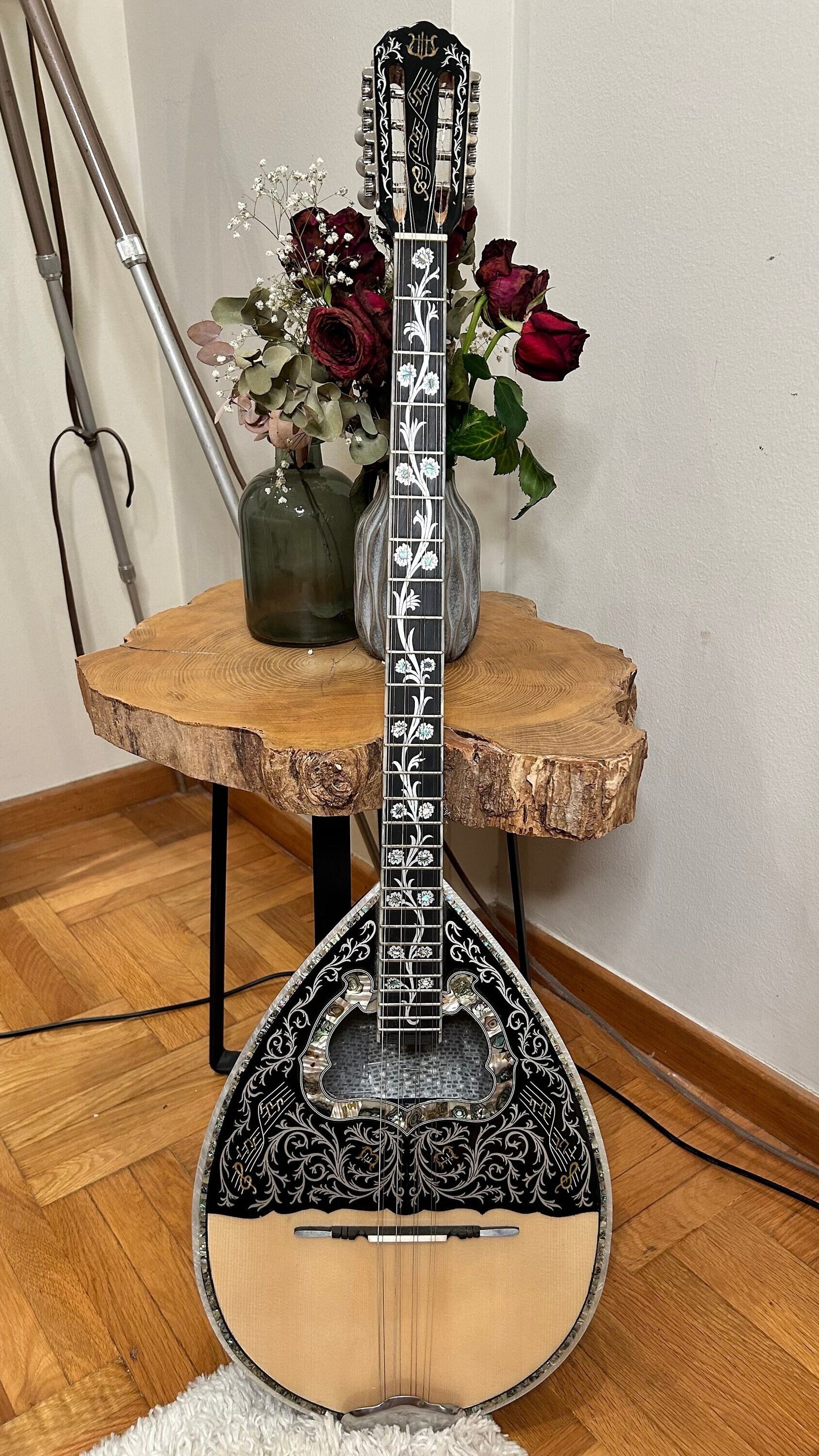 Custom 8-String Bouzouki with Vines & Flowers Full Top Decorations - Professional Quality