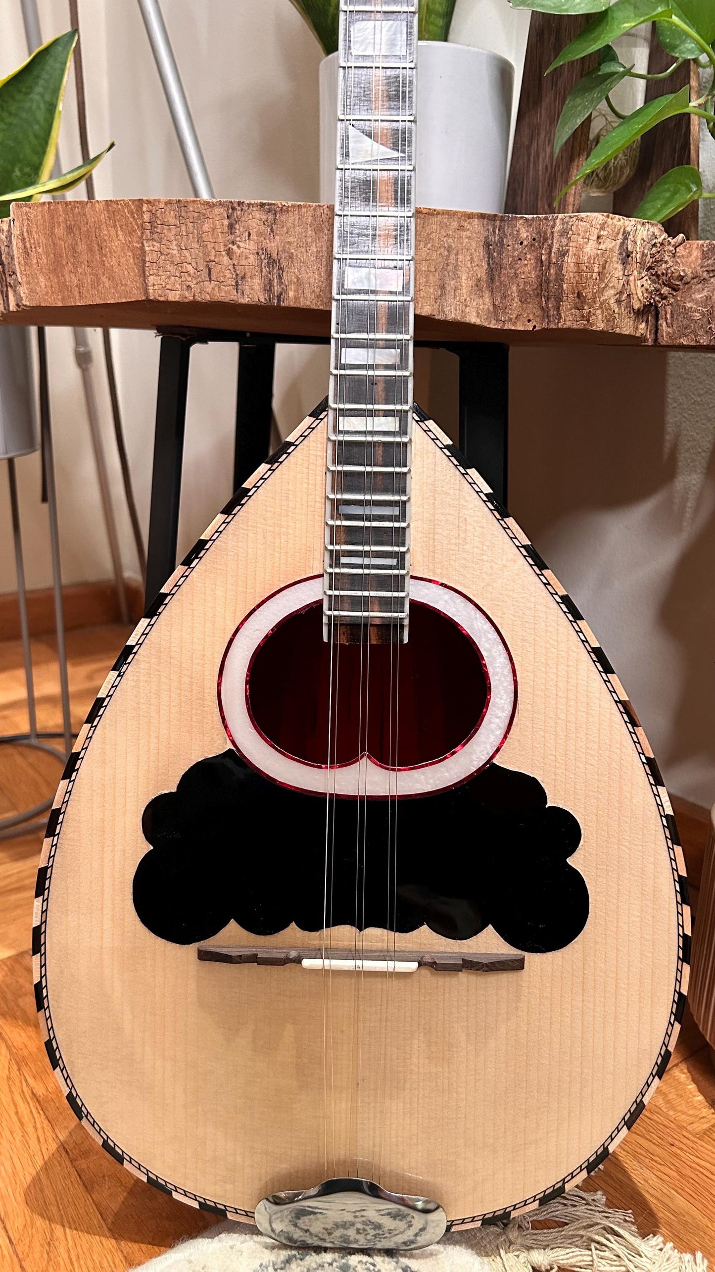 Professional Handmade 6-String Bouzouki with Greek Rebetiko Style - Black Pickguard Design and Abalone Shell Fretmarks