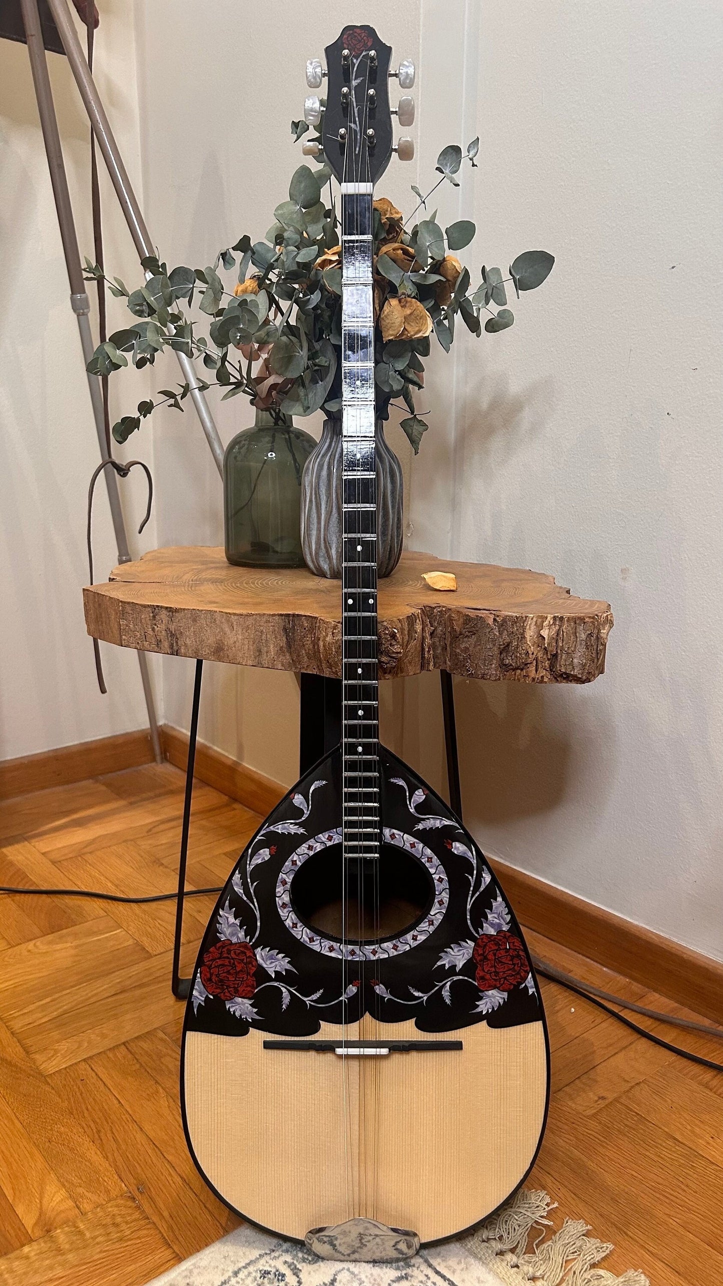 Greek Traditional Handmade 6 Strings Bouzouki - Handcrafted with Roses and Vines Vinyl Decal Top Decorations