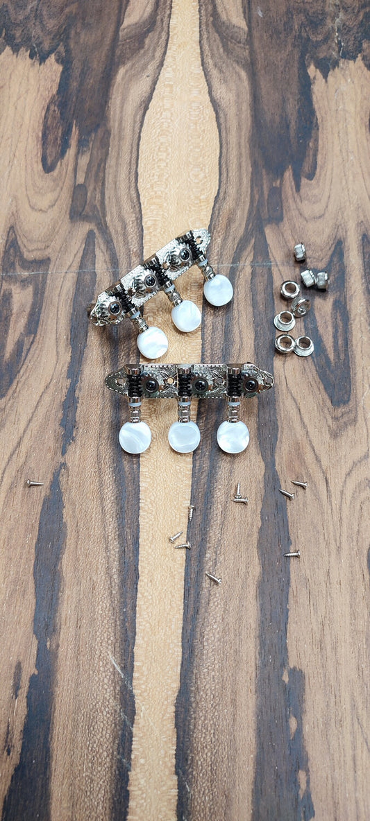 Baglamas/Bouzouki machine heads ~ Grover style Professional 6string Baglama/Bouzouki tuners ~ Nickel Colour & White Pearl Button